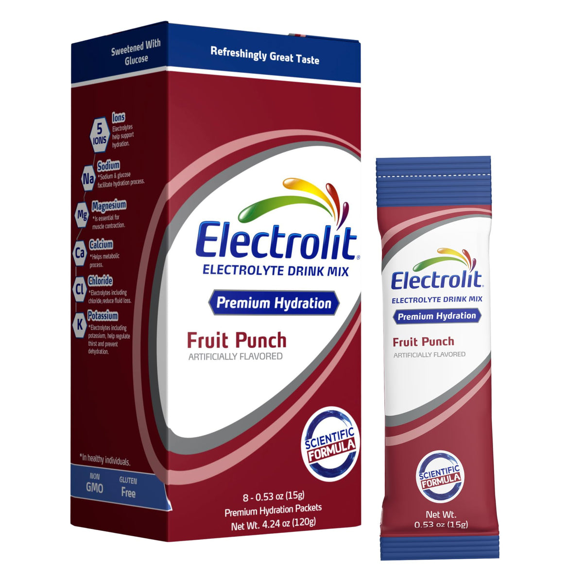 Electrolit fruit-punch powder packet ready for quick hydration on the go.