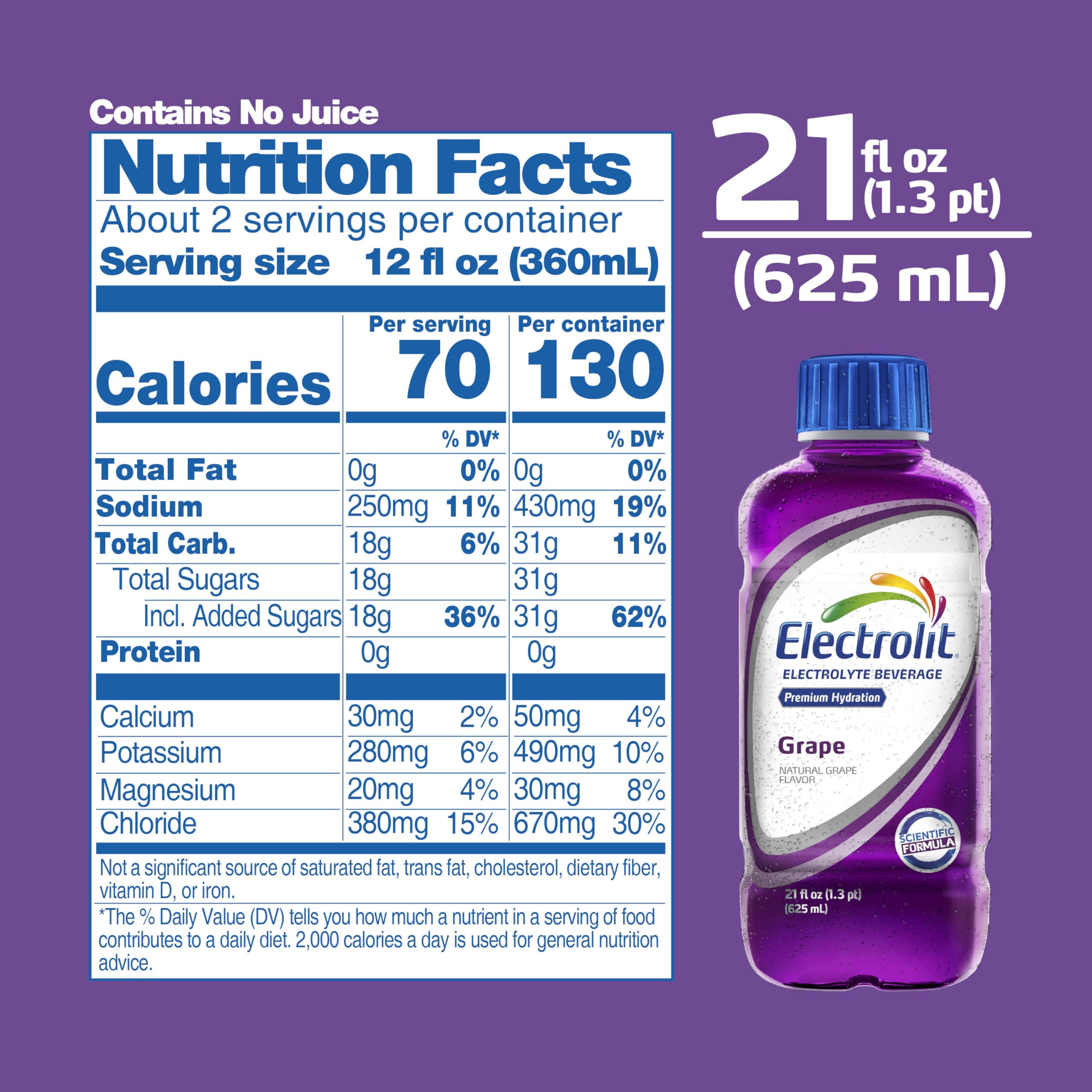 Electrolit Grape bottle side view highlighting the vibrant label and ergonomic design.