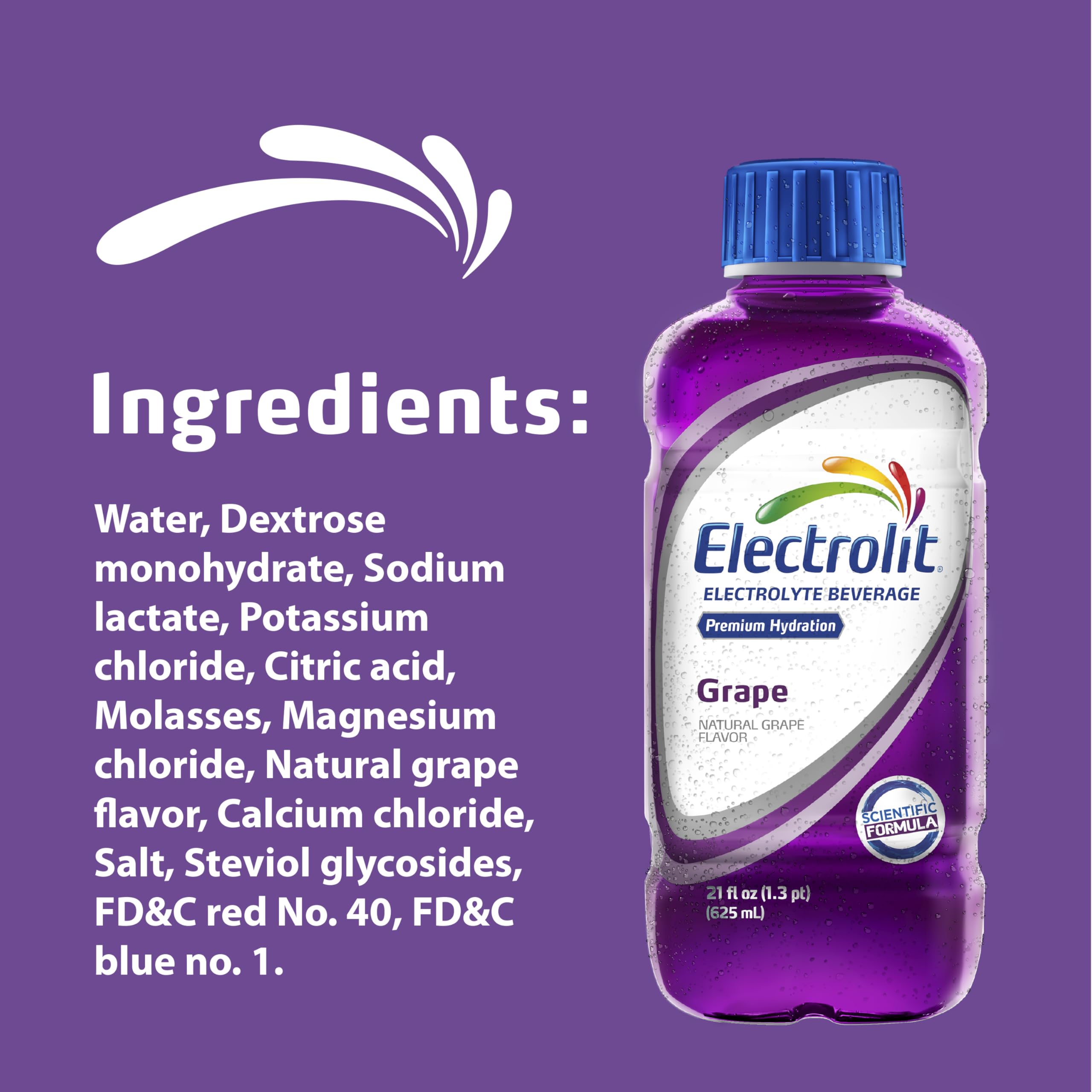 Electrolit Grape label closeup emphasizes flavor and clean ingredients.