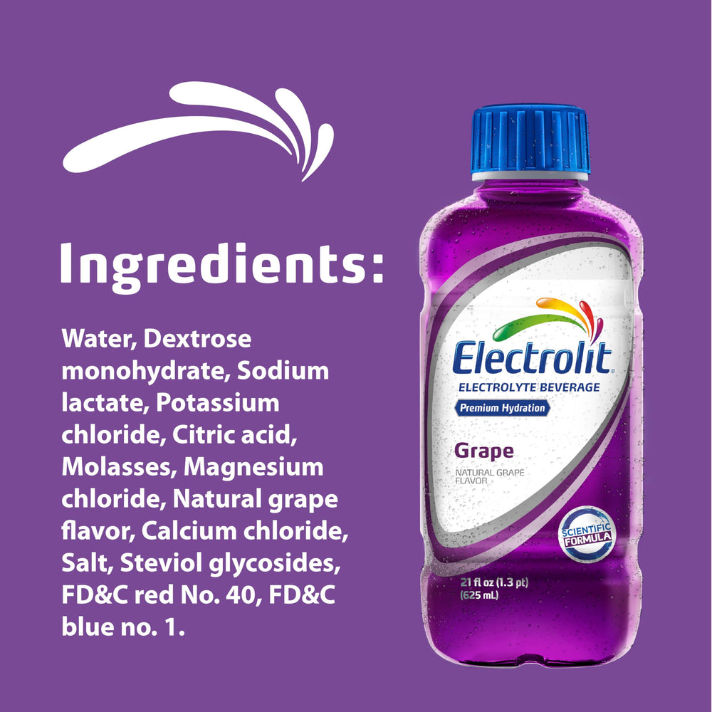 Electrolit Grape label closeup emphasizes flavor and clean ingredients.