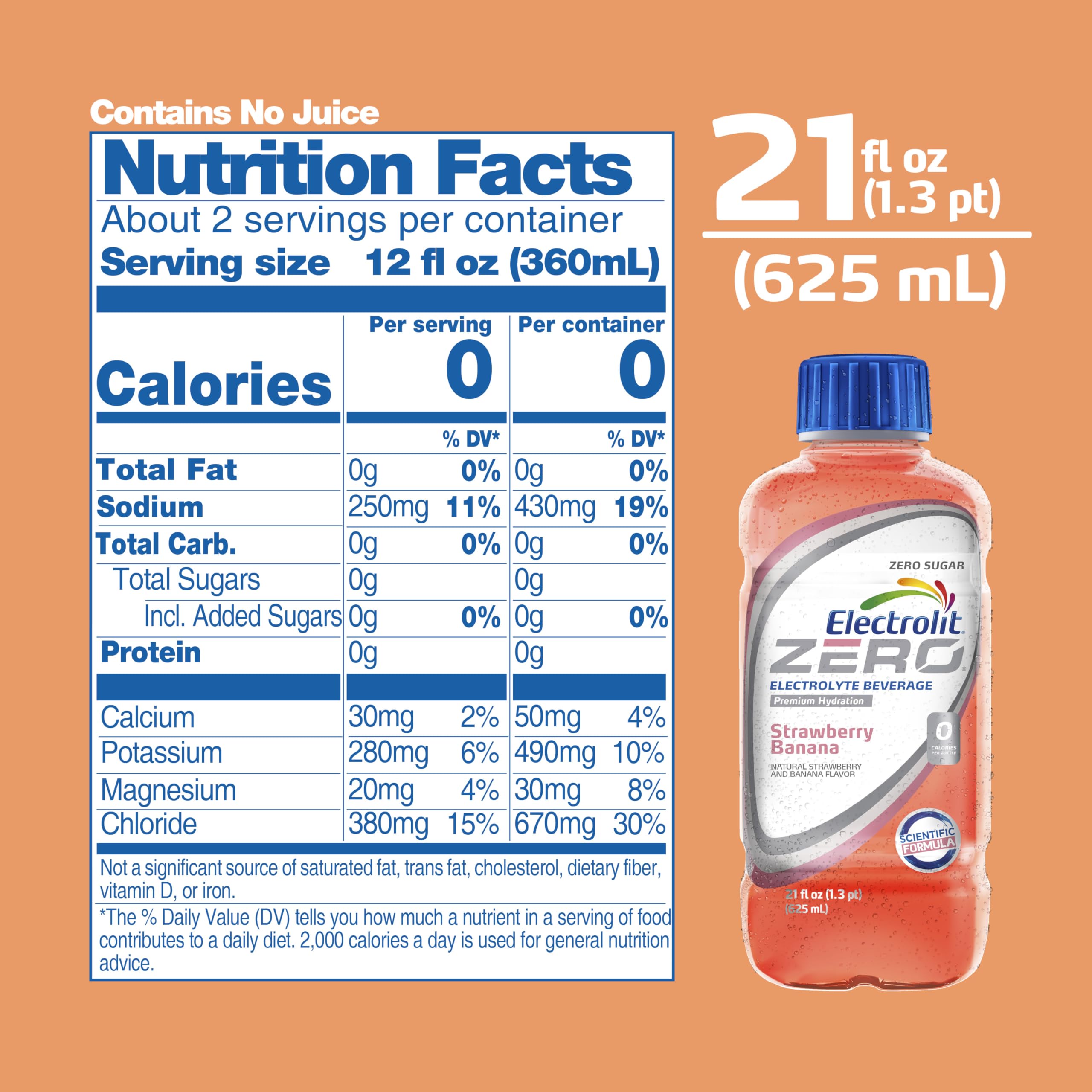 Electrolit Zero bottle side highlights convenient 21 fl oz size.