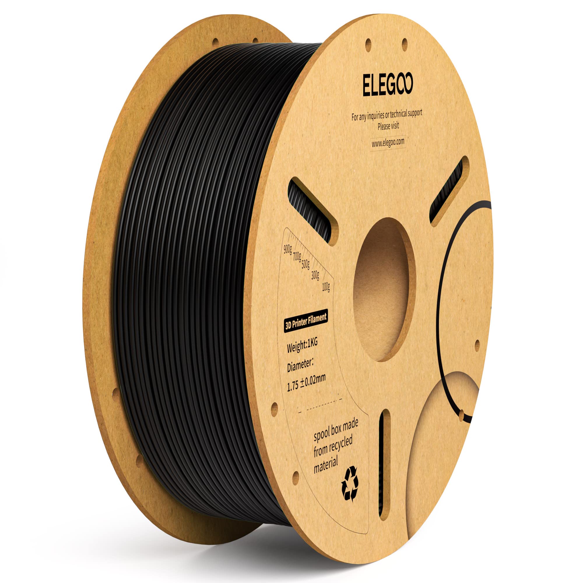 ELEGOO PLA Plus black 1kg spool ready for precise, strong 3D prints.