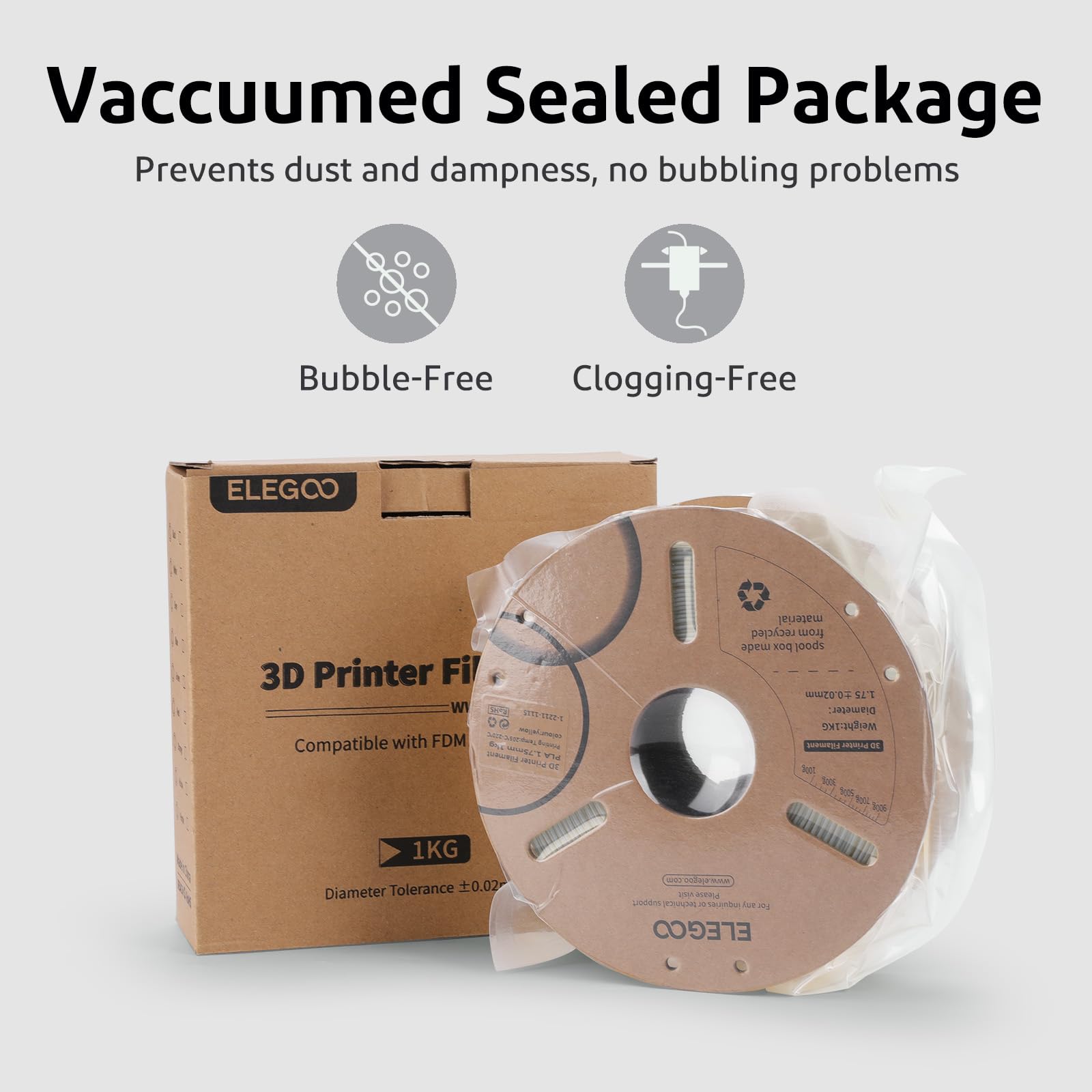 ELEGOO PLA Plus vacuum sealed packaging minimizes moisture related issues.