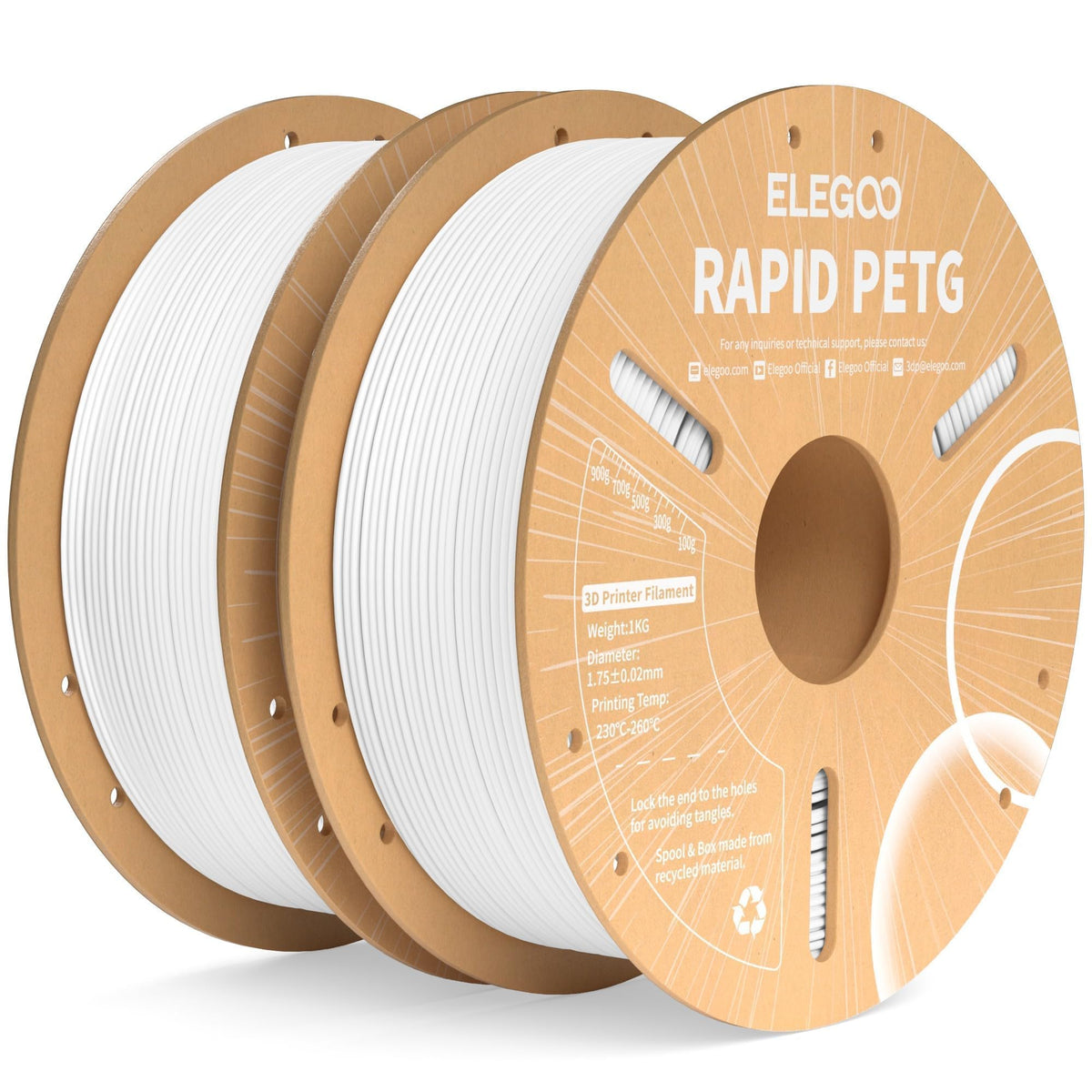 ELEGOO Rapid PETG white spool front view showing clean winding for smooth feeding.