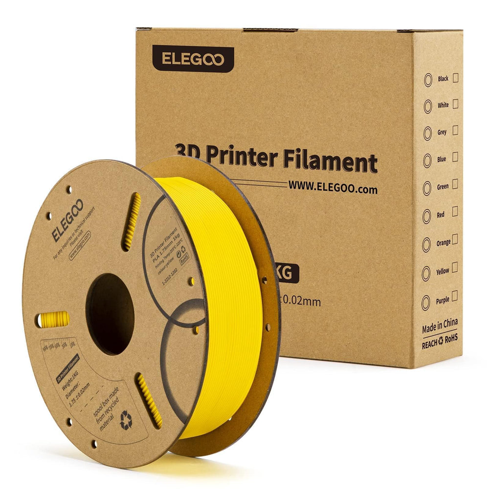 Vibrant yellow packaging and spool design ideal for desk storage and display.