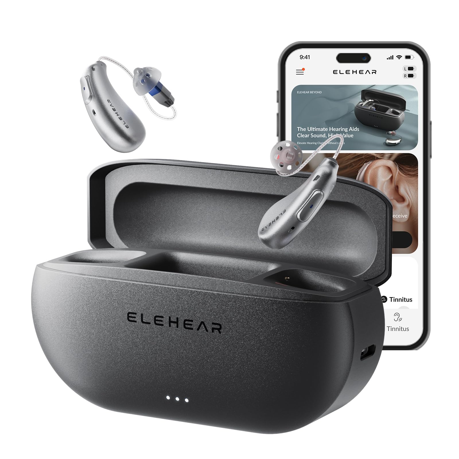 ELEHEAR Beyond charging case open, compact design for all-day use.