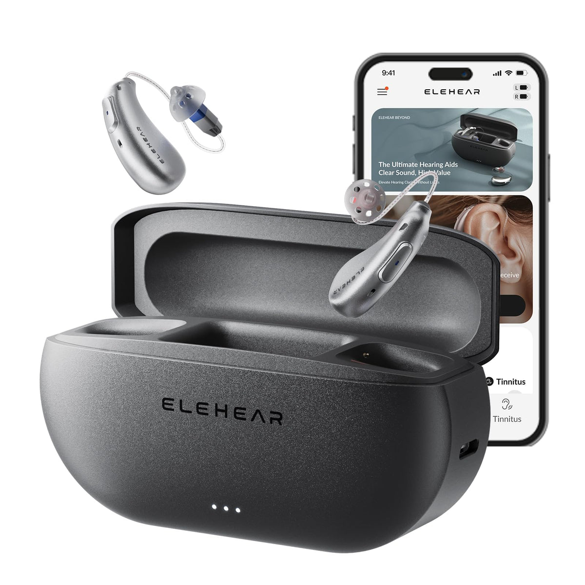 ELEHEAR Beyond charging case open, compact design for all-day use.