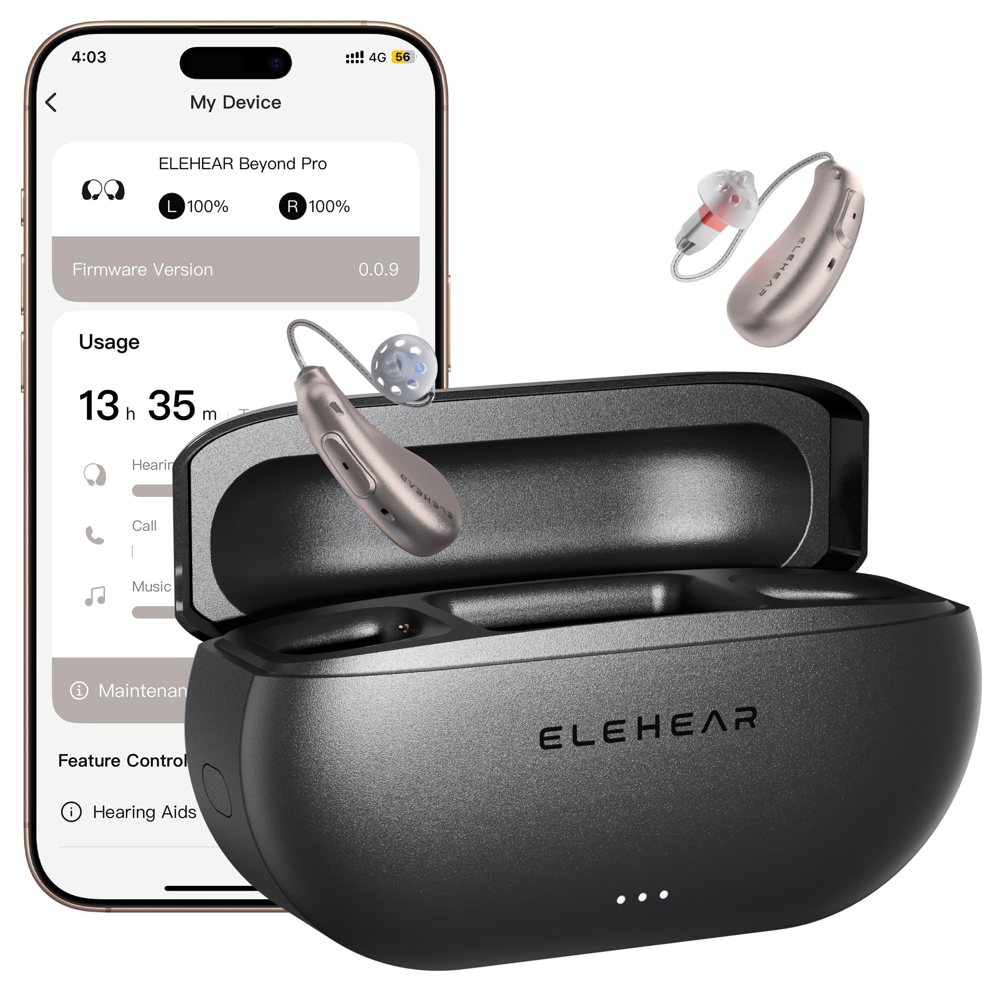 ELEHEAR Beyond Pro charging case visible, ready for all-day power