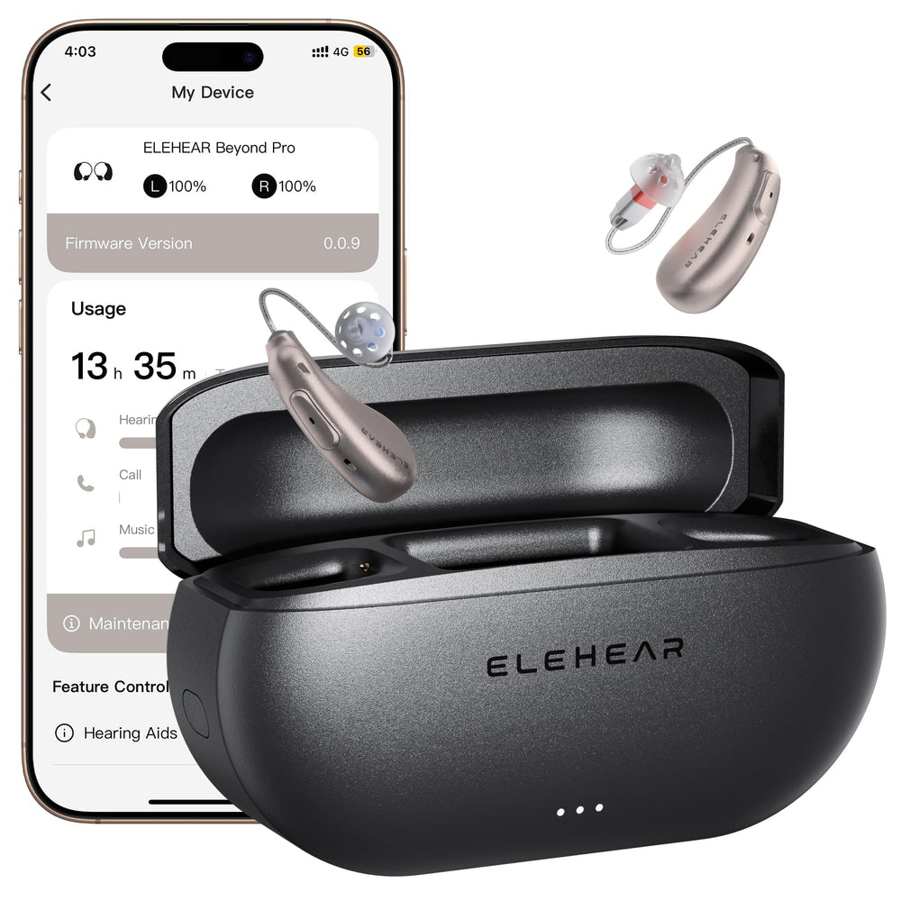 ELEHEAR Beyond Pro charging case visible, ready for all-day power