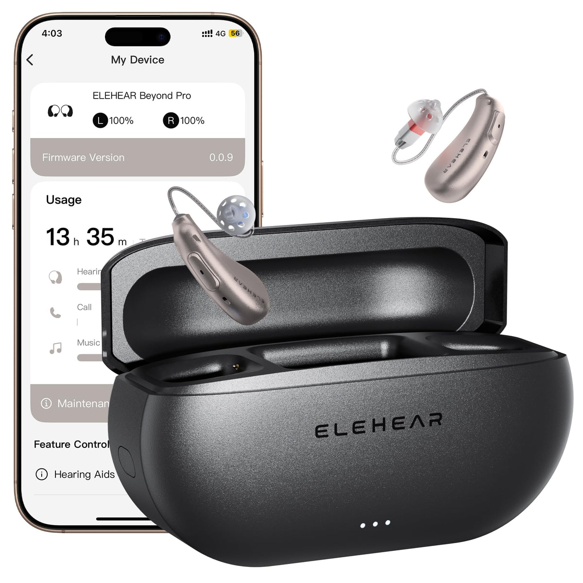 ELEHEAR Beyond Pro charging case visible, ready for all-day power