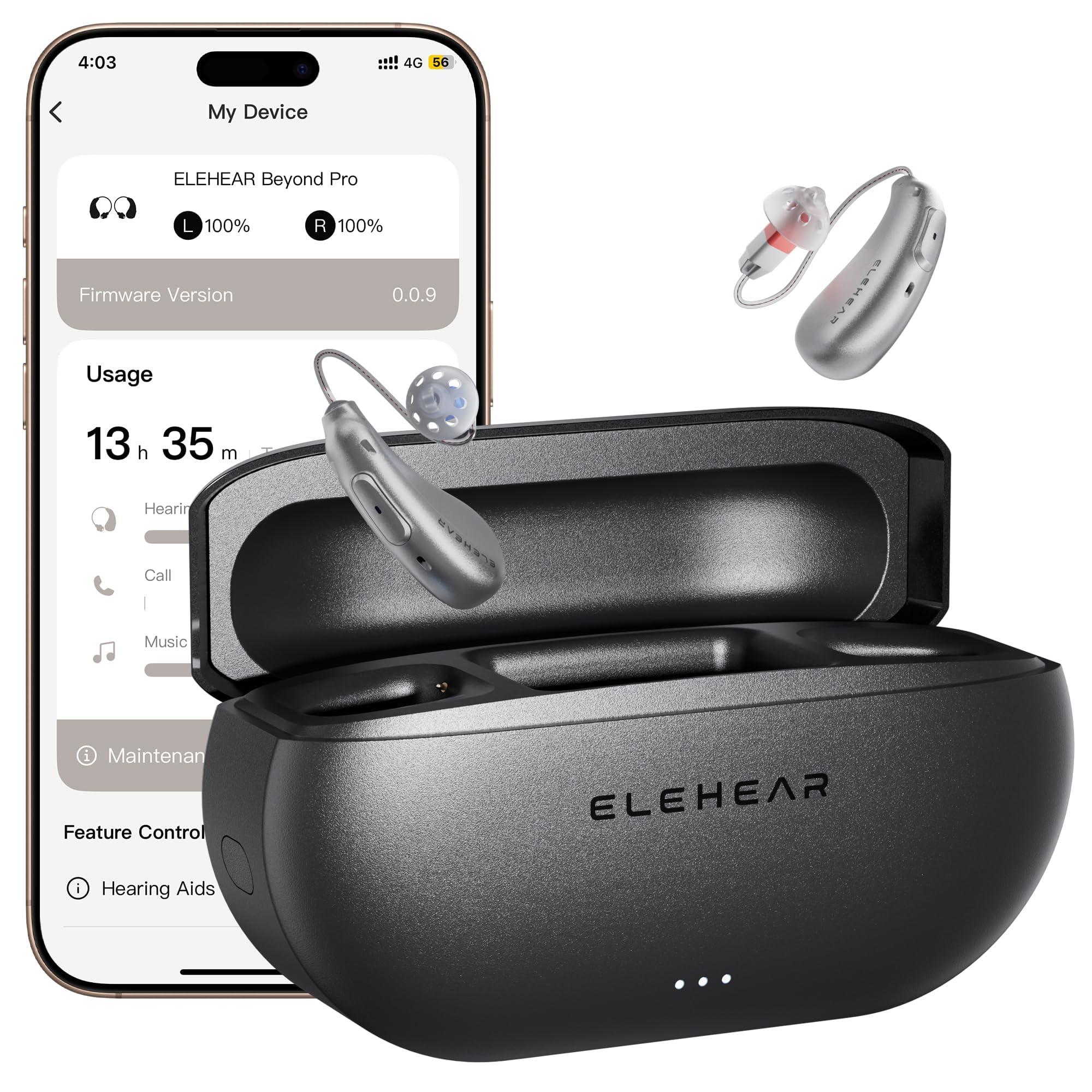 ELEHEAR Beyond Pro hearing aid in hand, portable and ready for on-the-go use.
