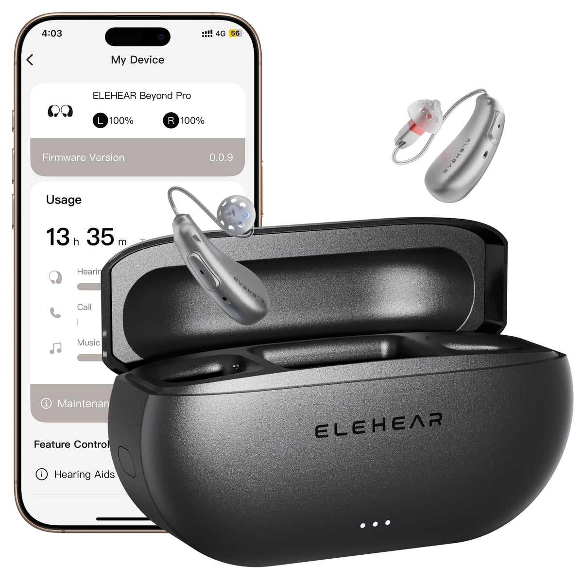 ELEHEAR Beyond Pro hearing aid in hand, portable and ready for on-the-go use.