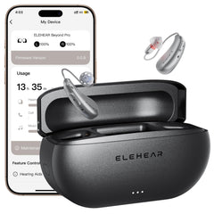 ELEHEAR Beyond Pro hearing aid in hand, portable and ready for on-the-go use.