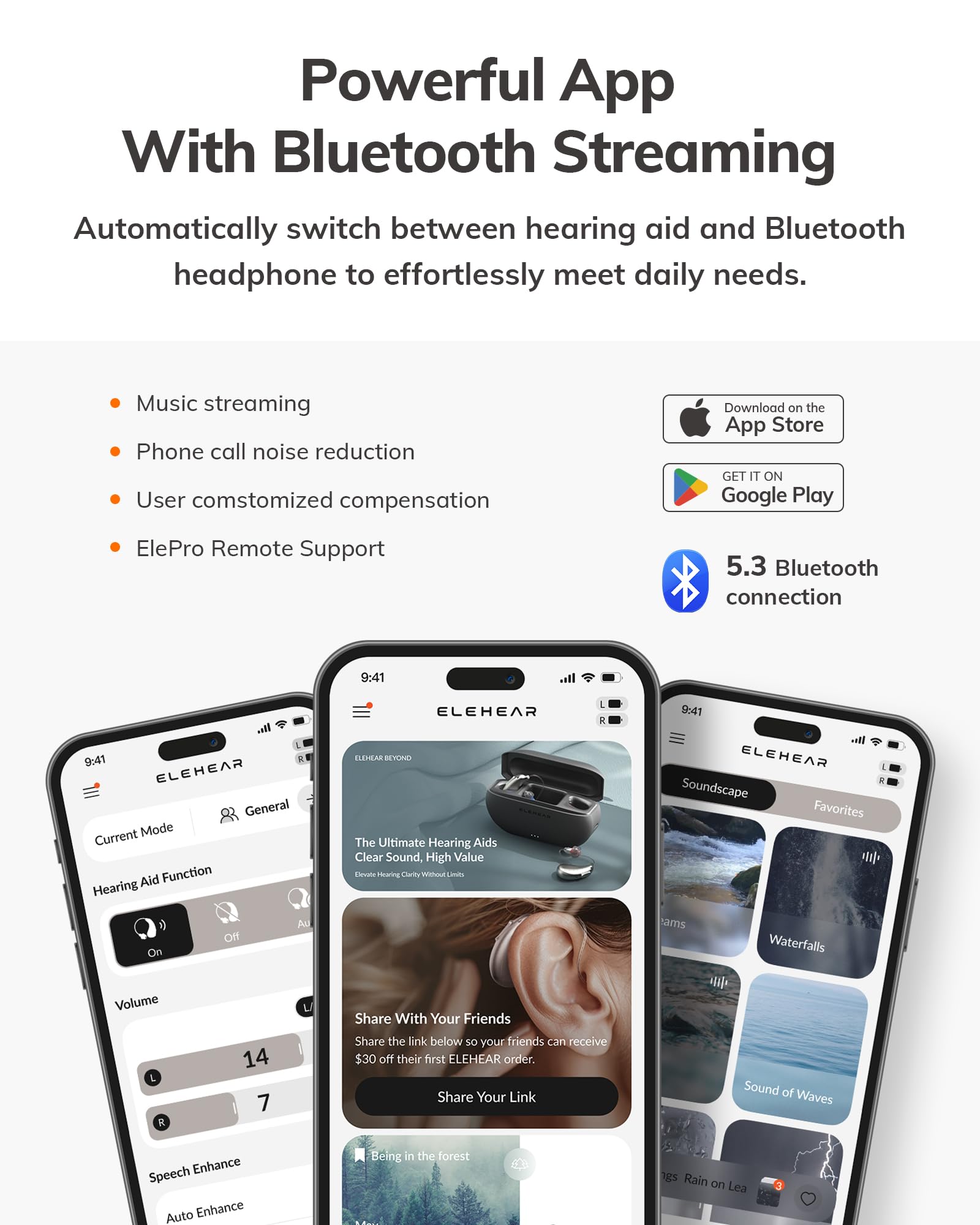 ELEHEAR Beyond RIC-ear aids designed for discreet all-day wear.