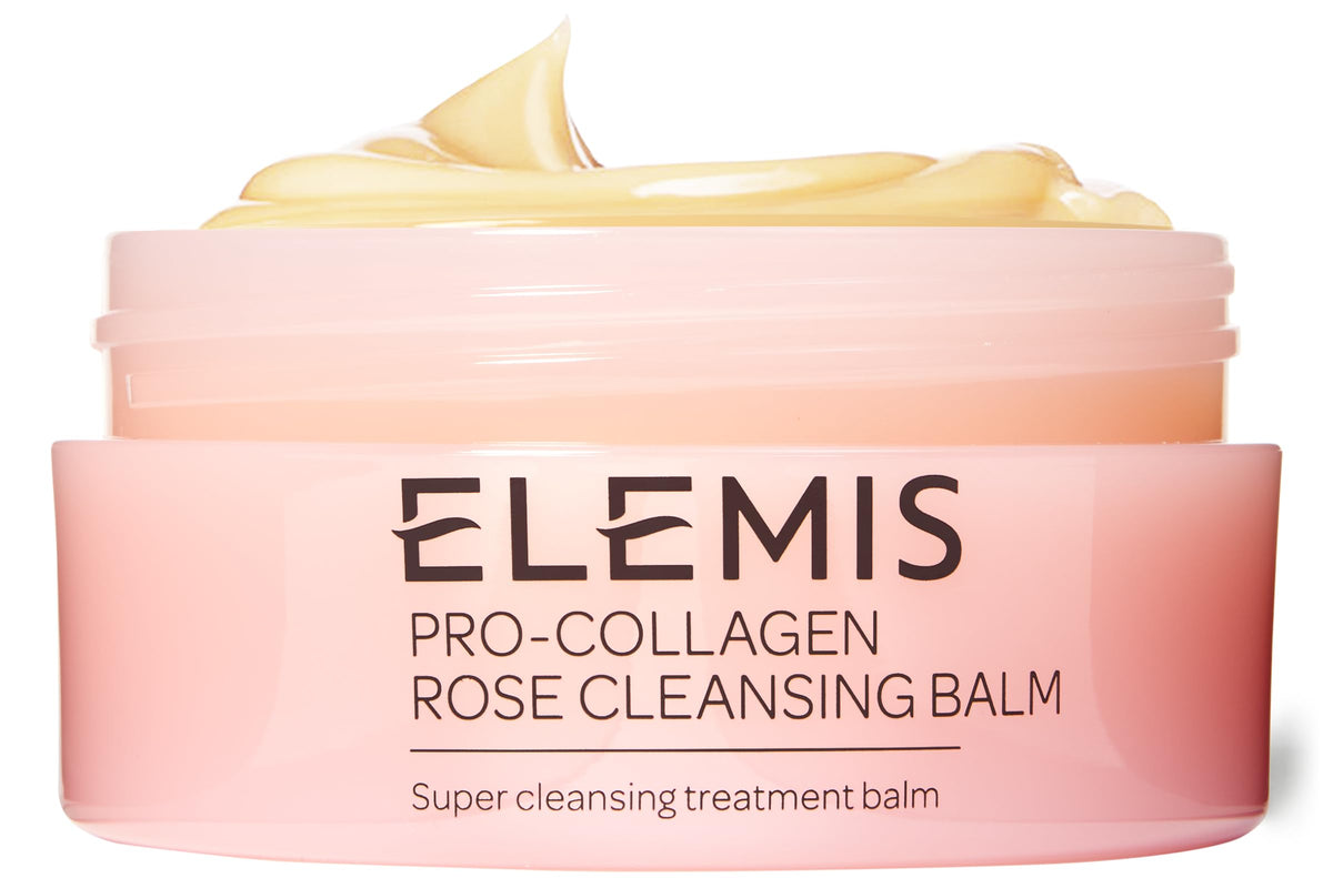 ELEMIS Pro-Collagen Rose Cleansing Balm in jar melts away makeup and sunscreen gently.