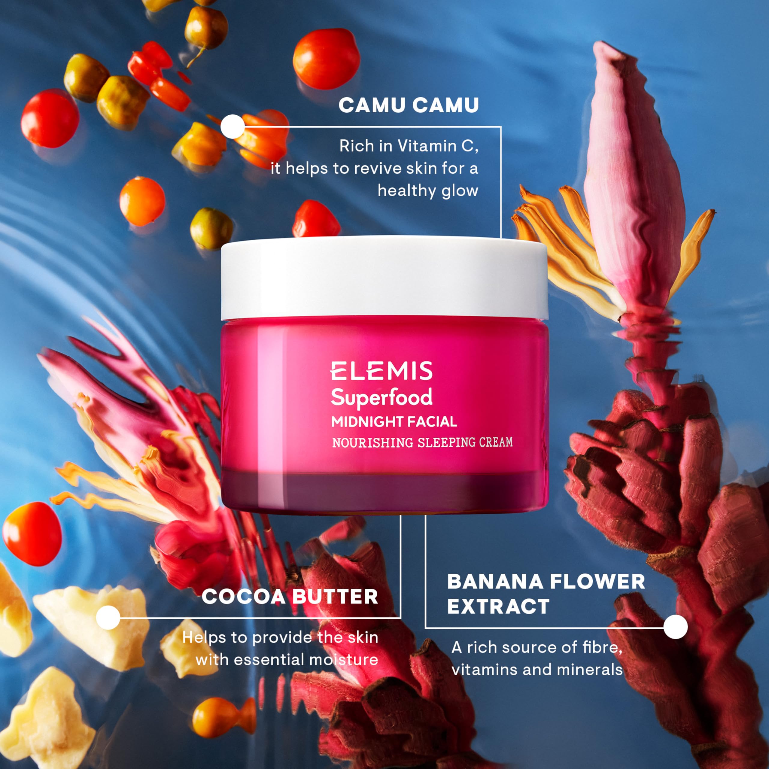 ELEMIS Superfood Midnight Facial banana-flower extract visible for hydrating, prebiotic care.