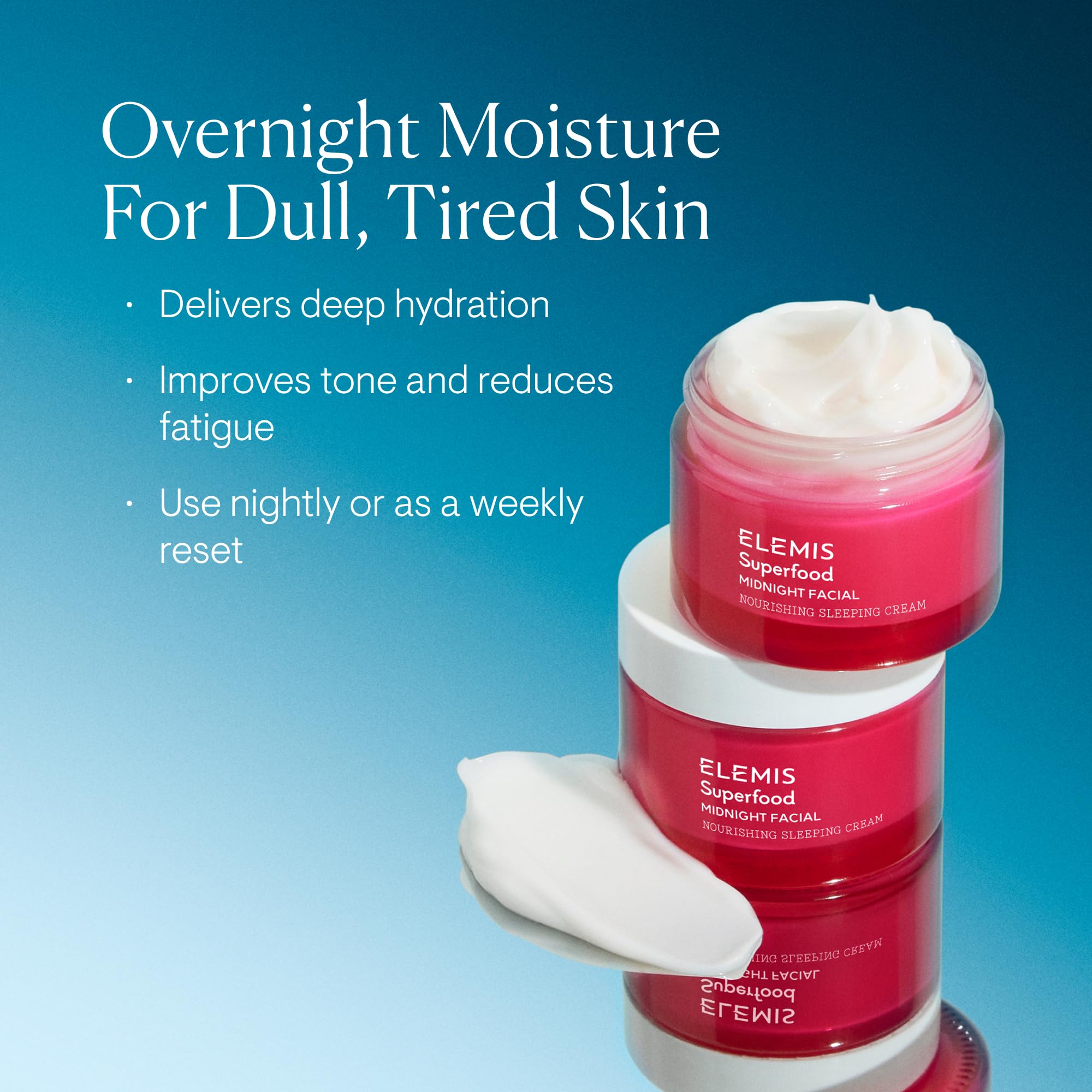 ELEMIS Superfood Midnight Facial texture swirl demonstrates lightweight gel-cream for comfortable overnight hydration.