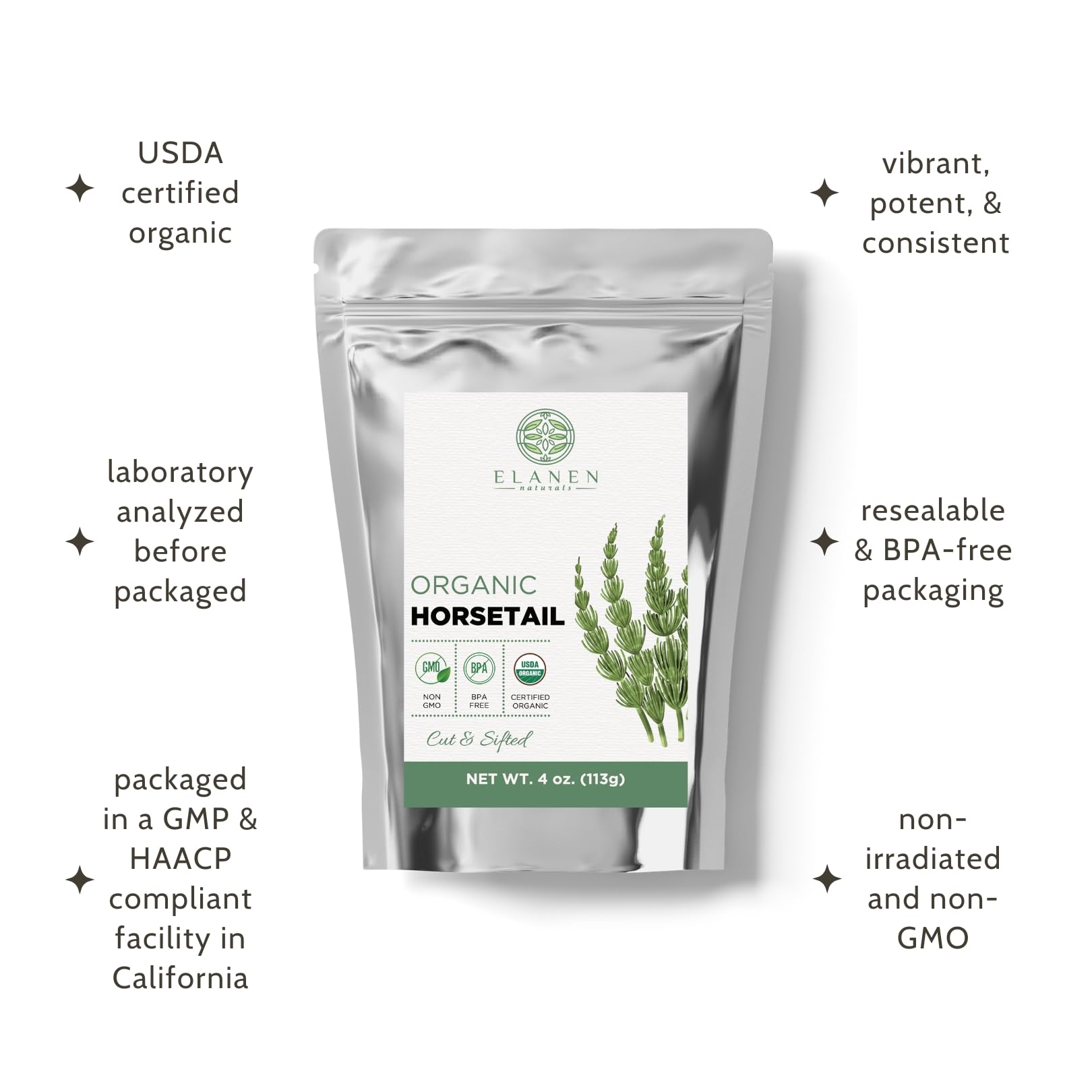 Elanen Naturals horsetail herb closeup shows textured cut and sifted leaves.