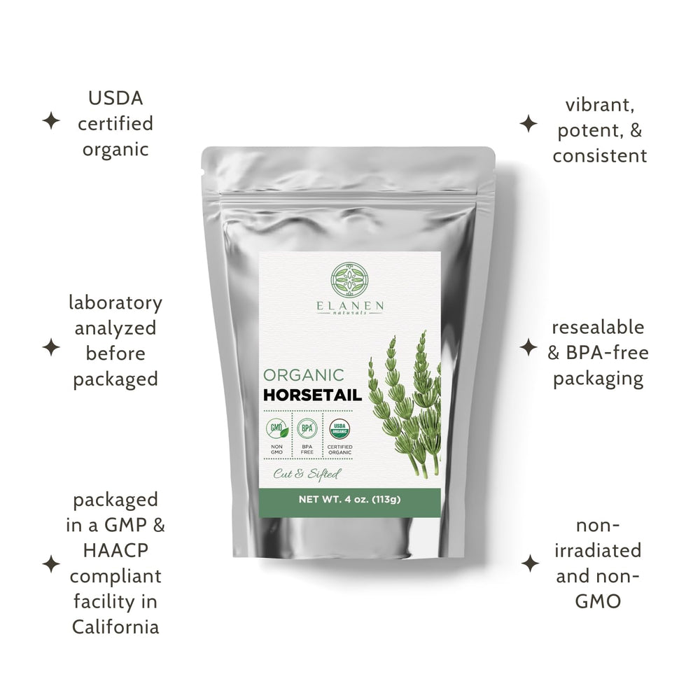 Elanen Naturals horsetail herb closeup shows textured cut and sifted leaves.
