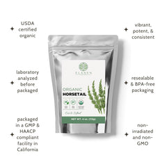 Elanen Naturals horsetail herb closeup shows textured cut and sifted leaves.