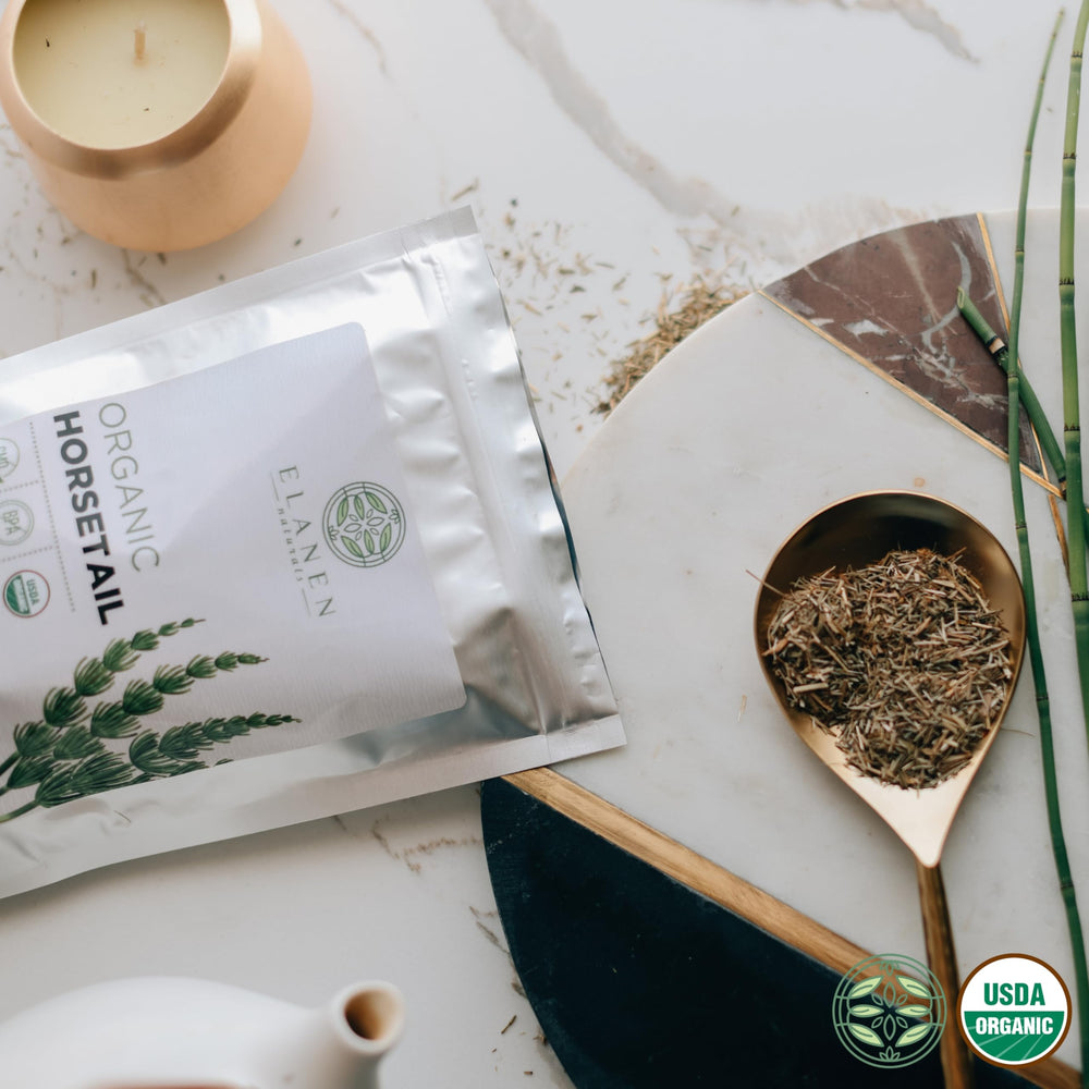 Elanen Naturals horsetail origin Albania label emphasizing organic sourcing.