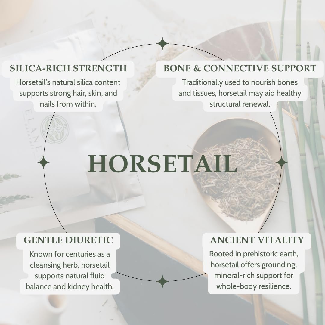 Elanen Naturals horsetail tea cup highlighting a calming herbal brew.