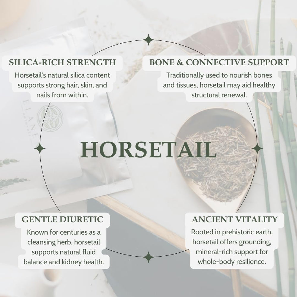 Elanen Naturals horsetail tea cup highlighting a calming herbal brew.