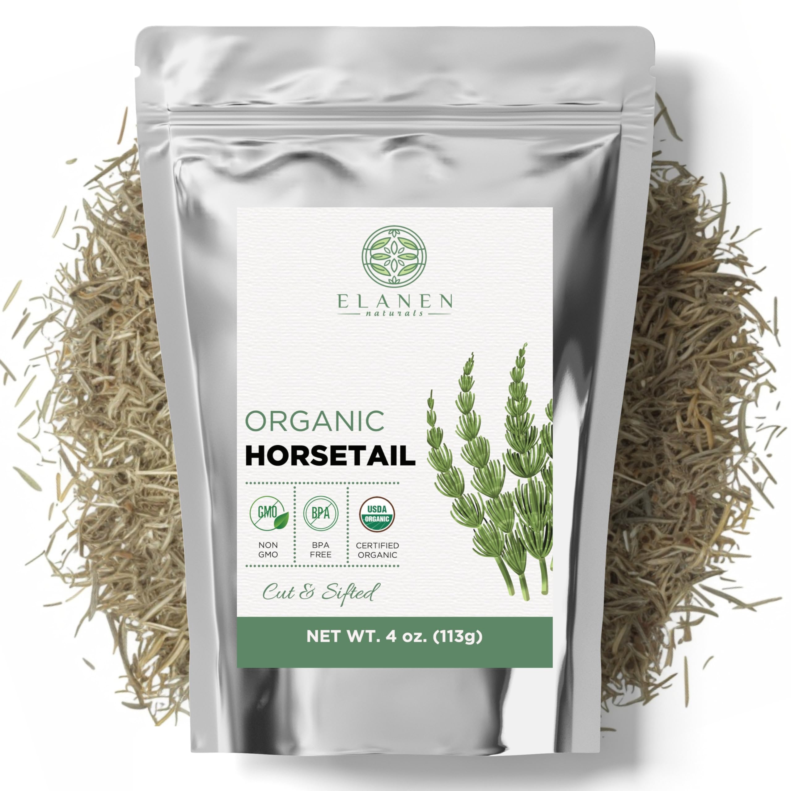 Elanen Naturals organic horsetail packaging shows BPA-free resealable bag for freshness.