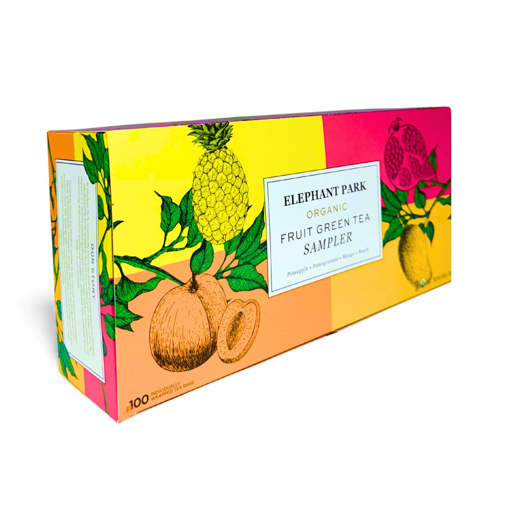 Elephant Park herbal green tea bags with caffeine-free options for evening tea.