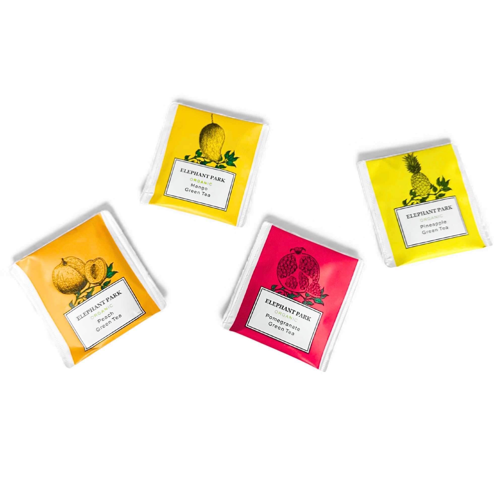 Elephant Park mango green tea bags bright, fruity aroma for afternoon delight.