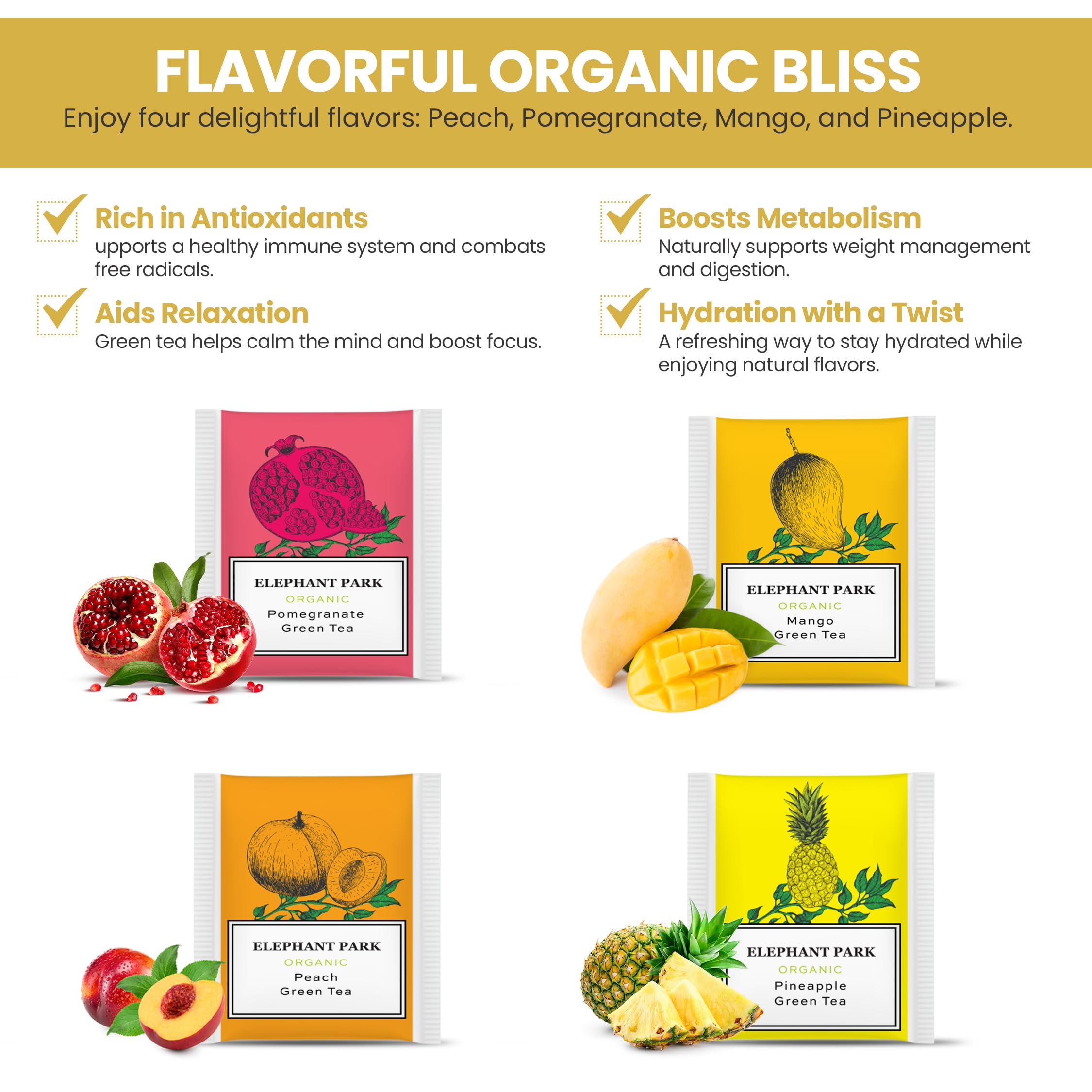 Elephant Park organic green tea bags crafted with all-natural flavors for clean sips.