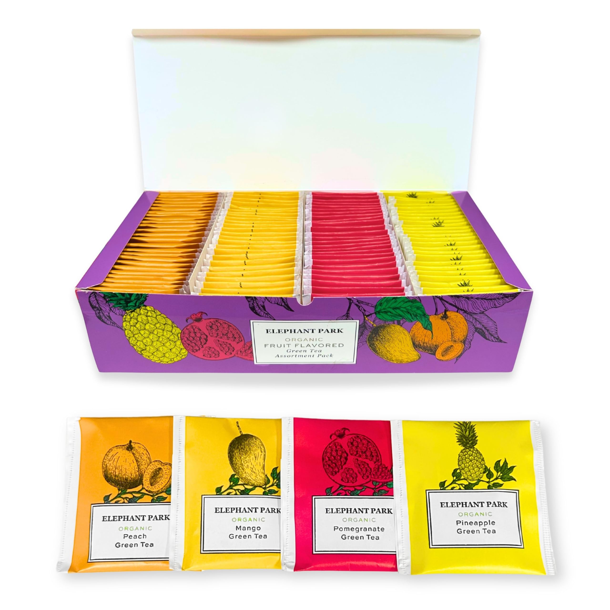 Elephant Park pomegranate green tea bags with rich flavor for a vibrant cup.