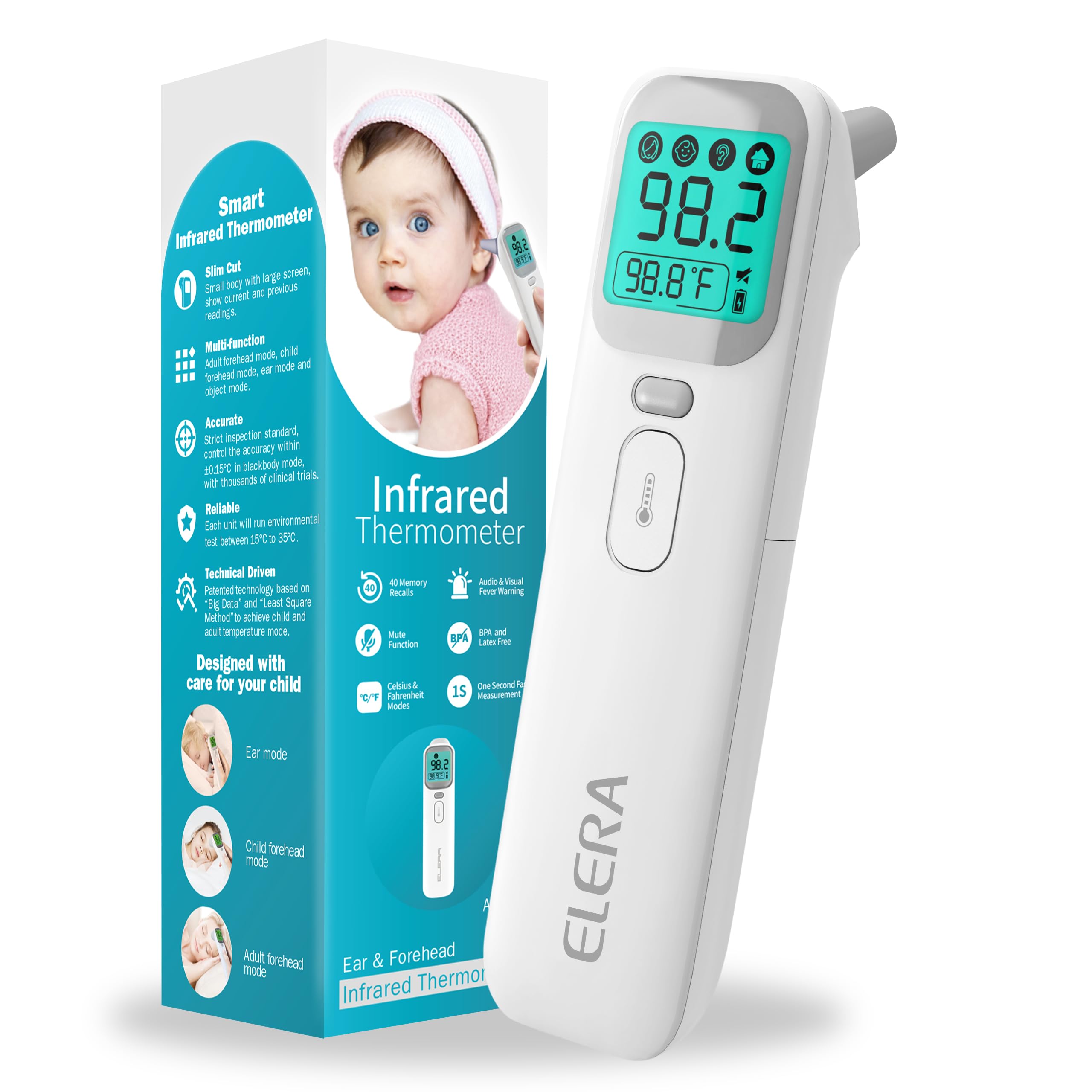 ELERA ear thermometer in forehead reading mode for quick family temperature checks.