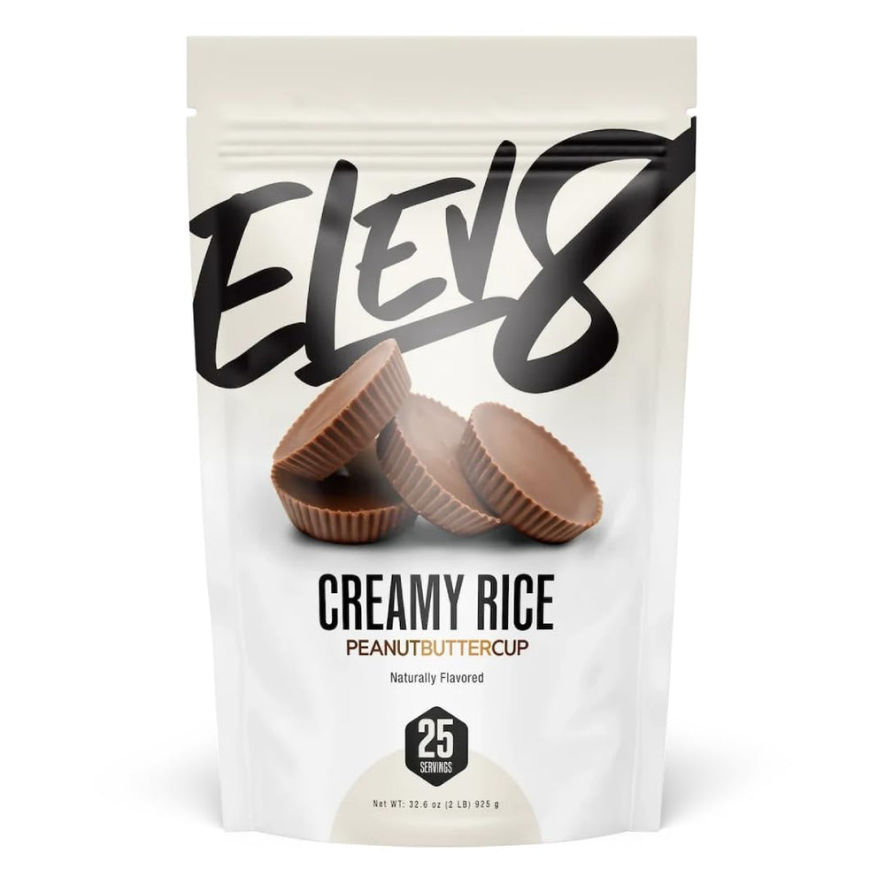 Elev8 Cream of Rice Peanut Butter Cup packaging highlights gluten-free, dairy-free hot cereal for busy mornings