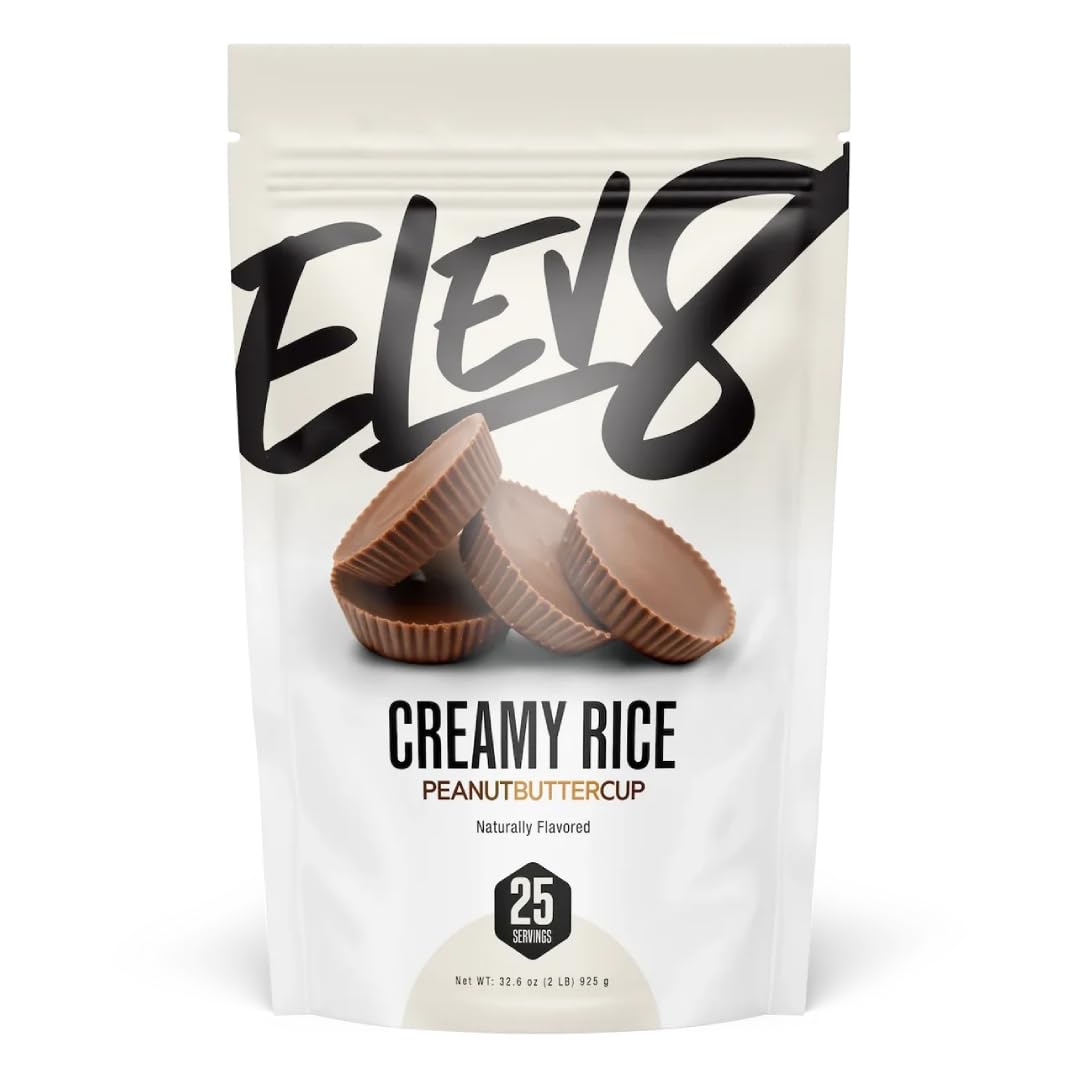 Elev8 Cream of Rice Peanut Butter Cup packaging highlights gluten-free, dairy-free hot cereal for busy mornings