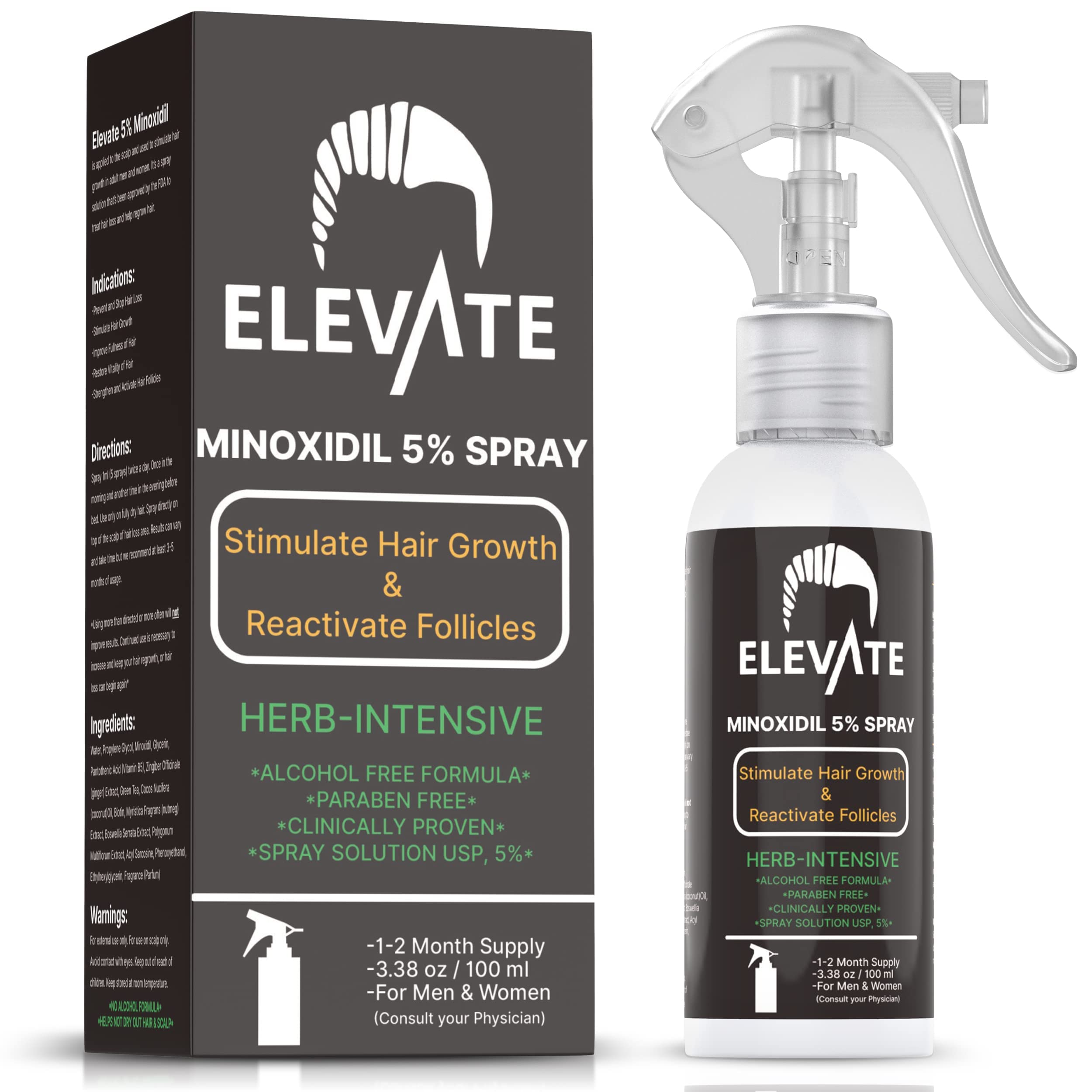 Elevate 5 percent Minoxidil spray bottle for precise scalp delivery to thinning areas