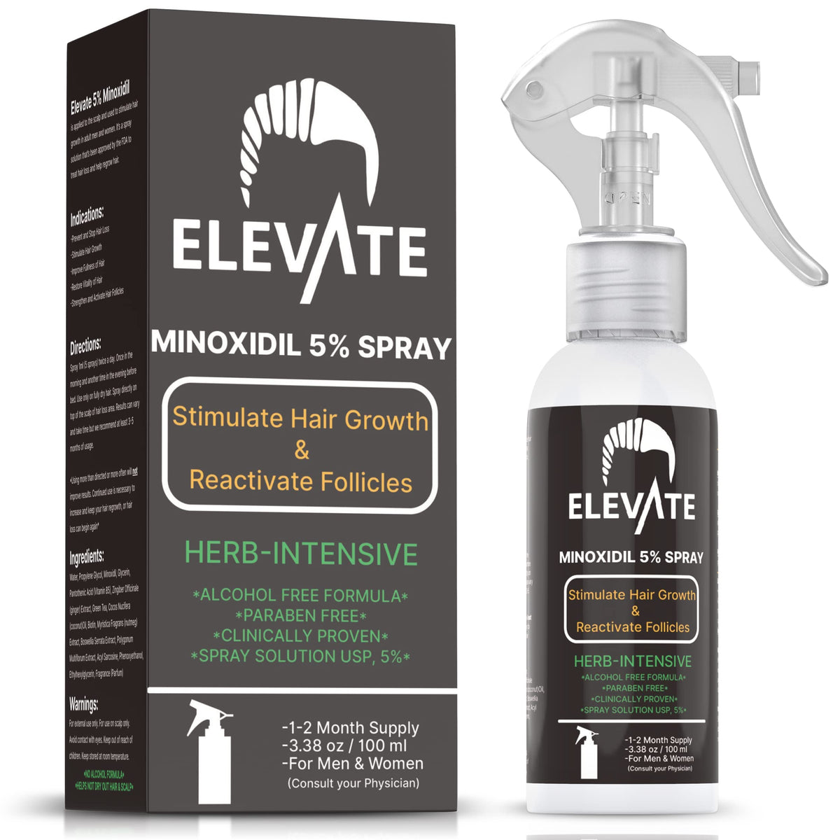 Elevate 5 percent Minoxidil spray bottle for precise scalp delivery to thinning areas