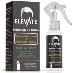 Elevate 5 percent Minoxidil spray bottle for precise scalp delivery to thinning areas