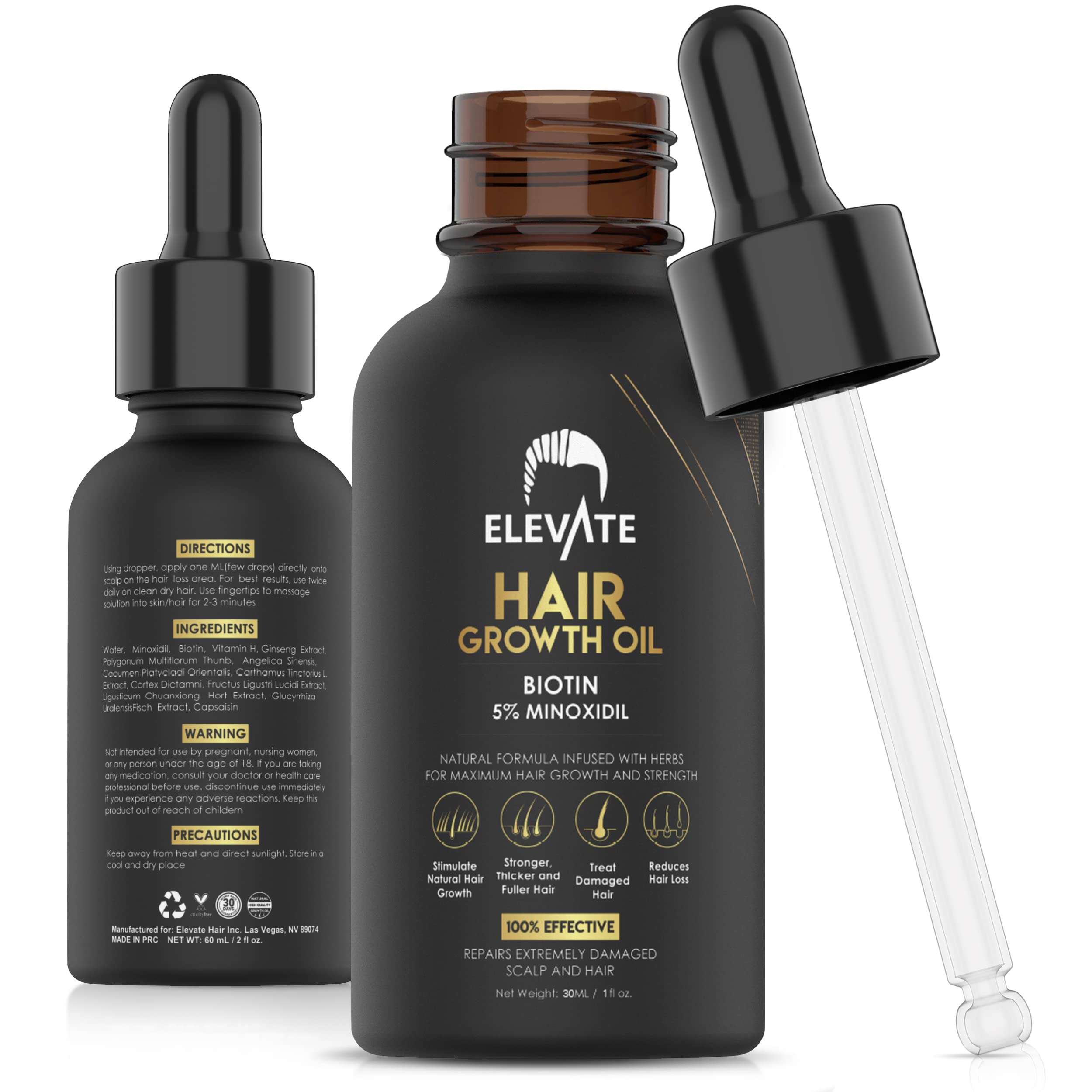 Elevate Hair Regrowth bottle close-up showing 5% Minoxidil for scalp support