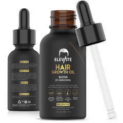 Elevate Hair Regrowth bottle close-up showing 5% Minoxidil for scalp support
