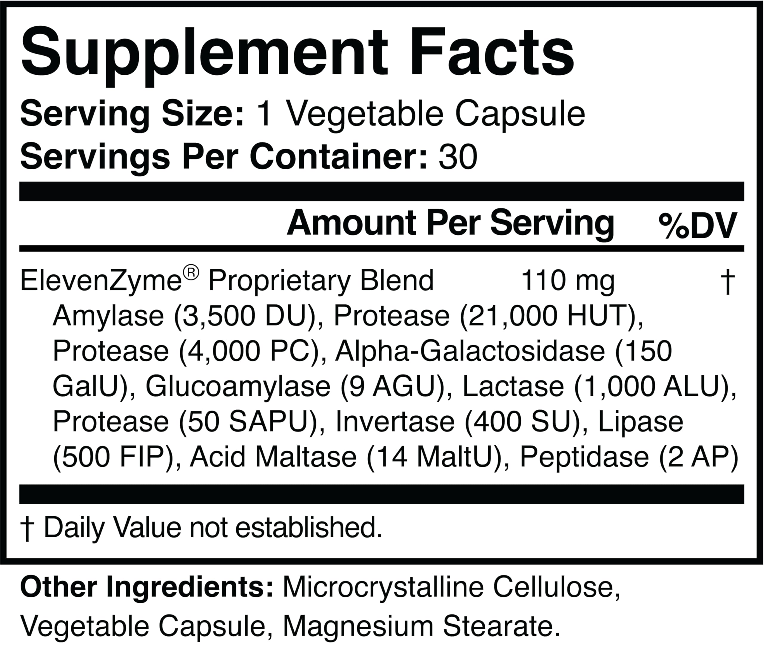 ElevenZyme bottle label shows a non-GMO vegan formula.