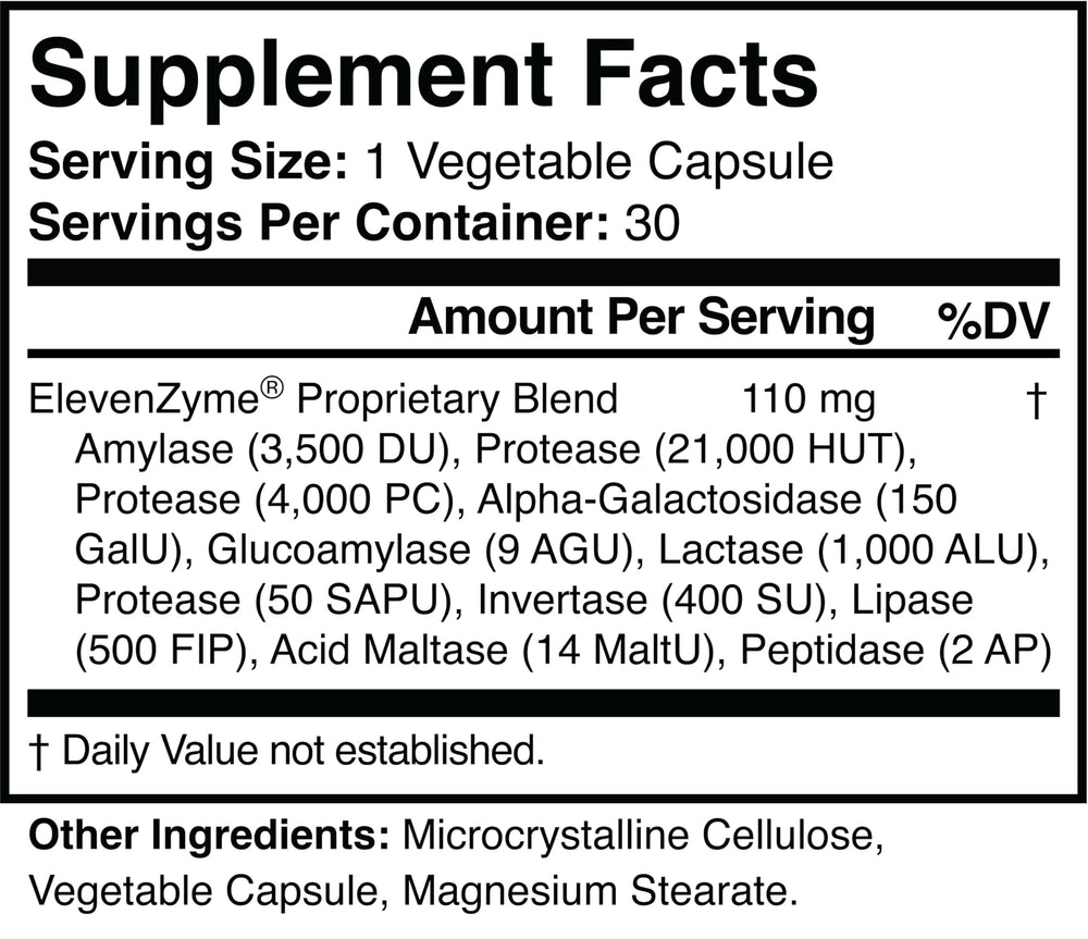 ElevenZyme bottle label shows a non-GMO vegan formula.