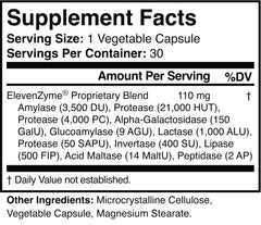 ElevenZyme bottle label shows a non-GMO vegan formula.