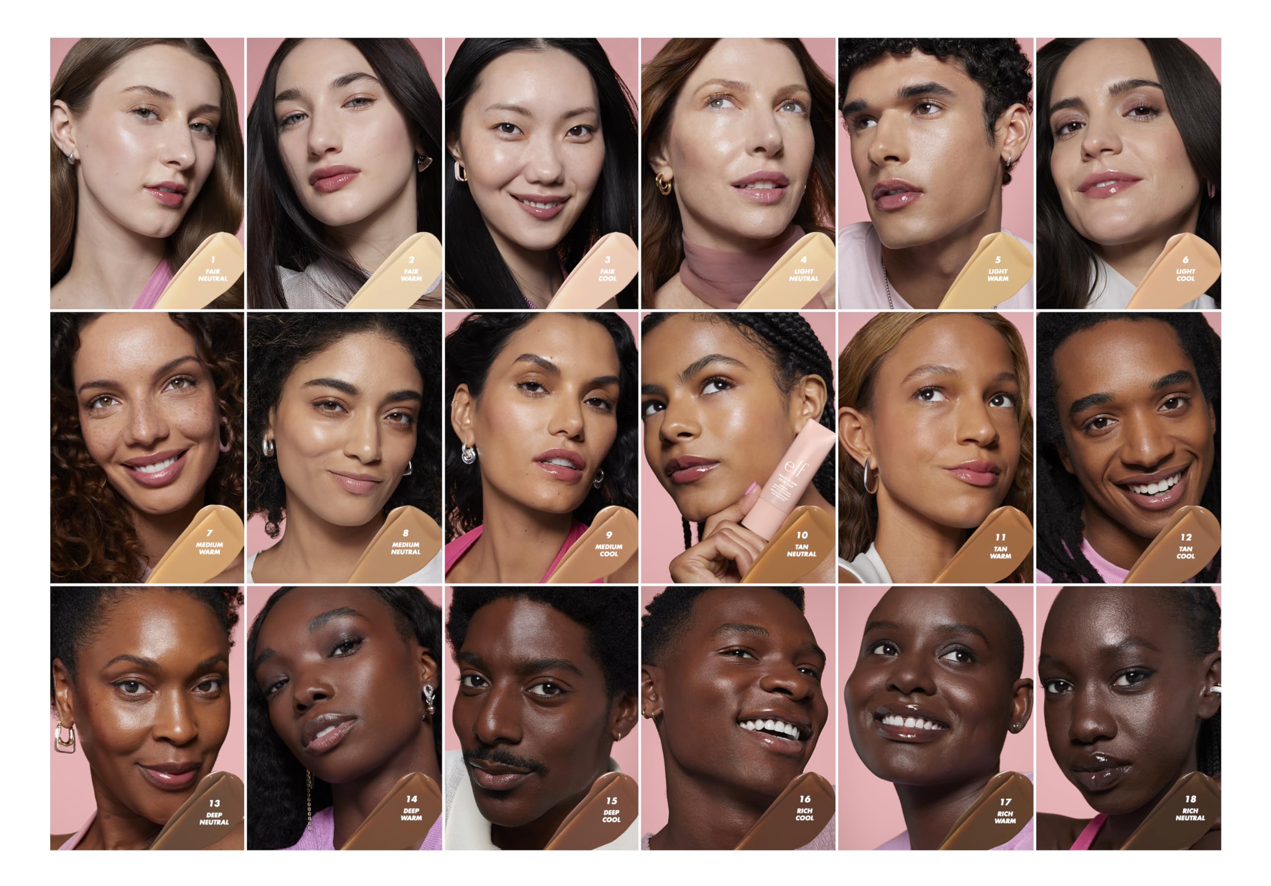 Display of 18 shade options in three undertones