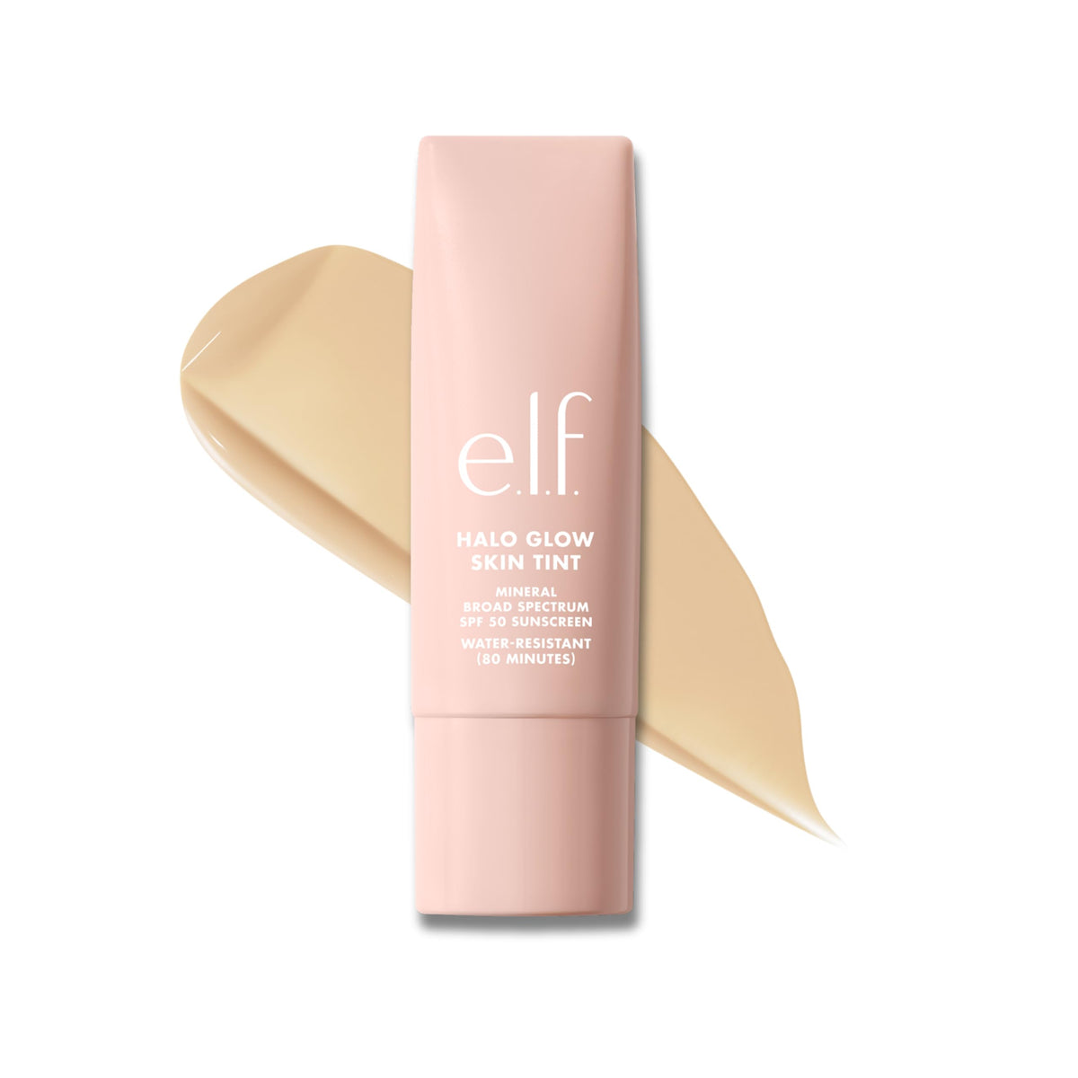 e.l.f. Halo Glow Skin Tint bottle shows mineral SPF 50 protection for daily wear