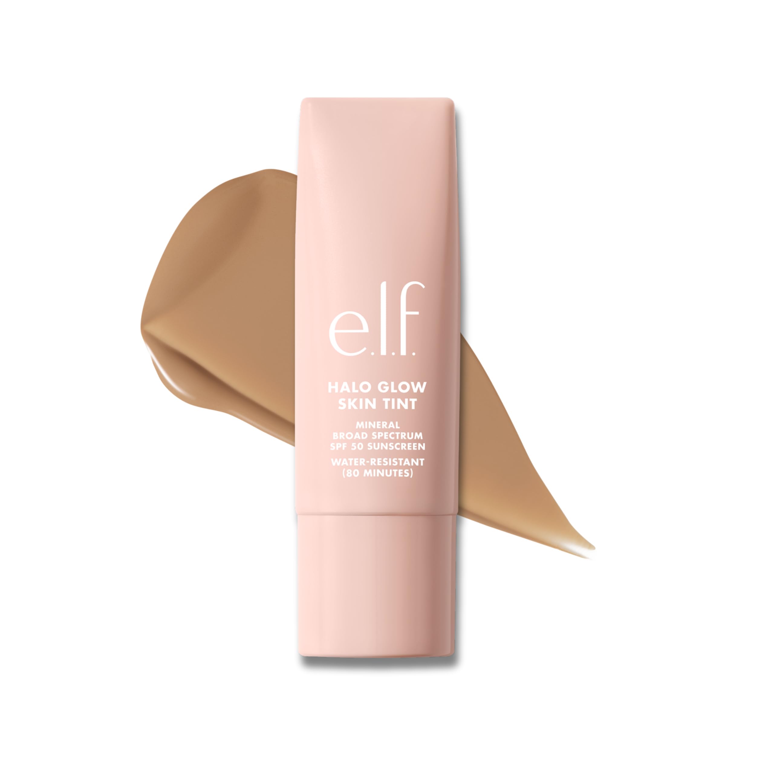 e.l.f. Halo Glow Skin Tint packaging shows a vegan formula and sleek bottle for daily use.