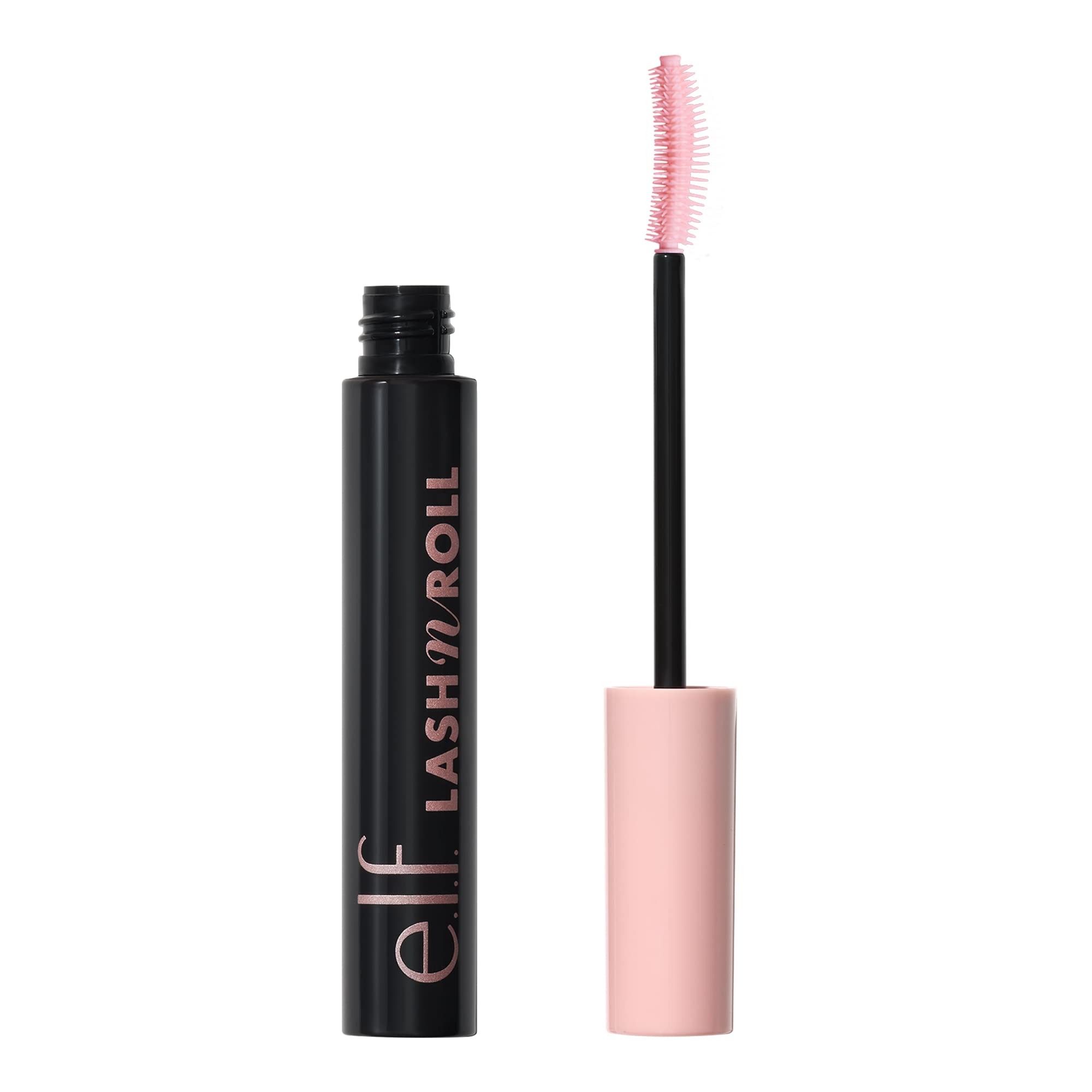 e.l.f. Lash 'N Roll mascara close-up with curved brush lifting lashes.