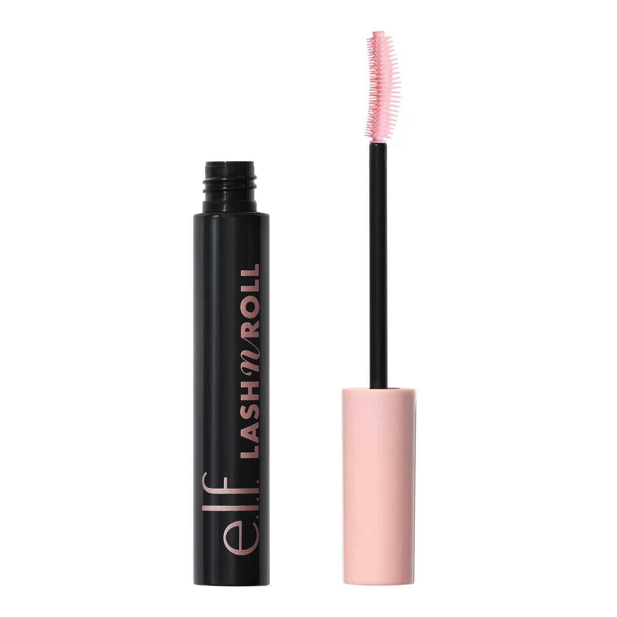 e.l.f. Lash 'N Roll mascara close-up with curved brush lifting lashes.