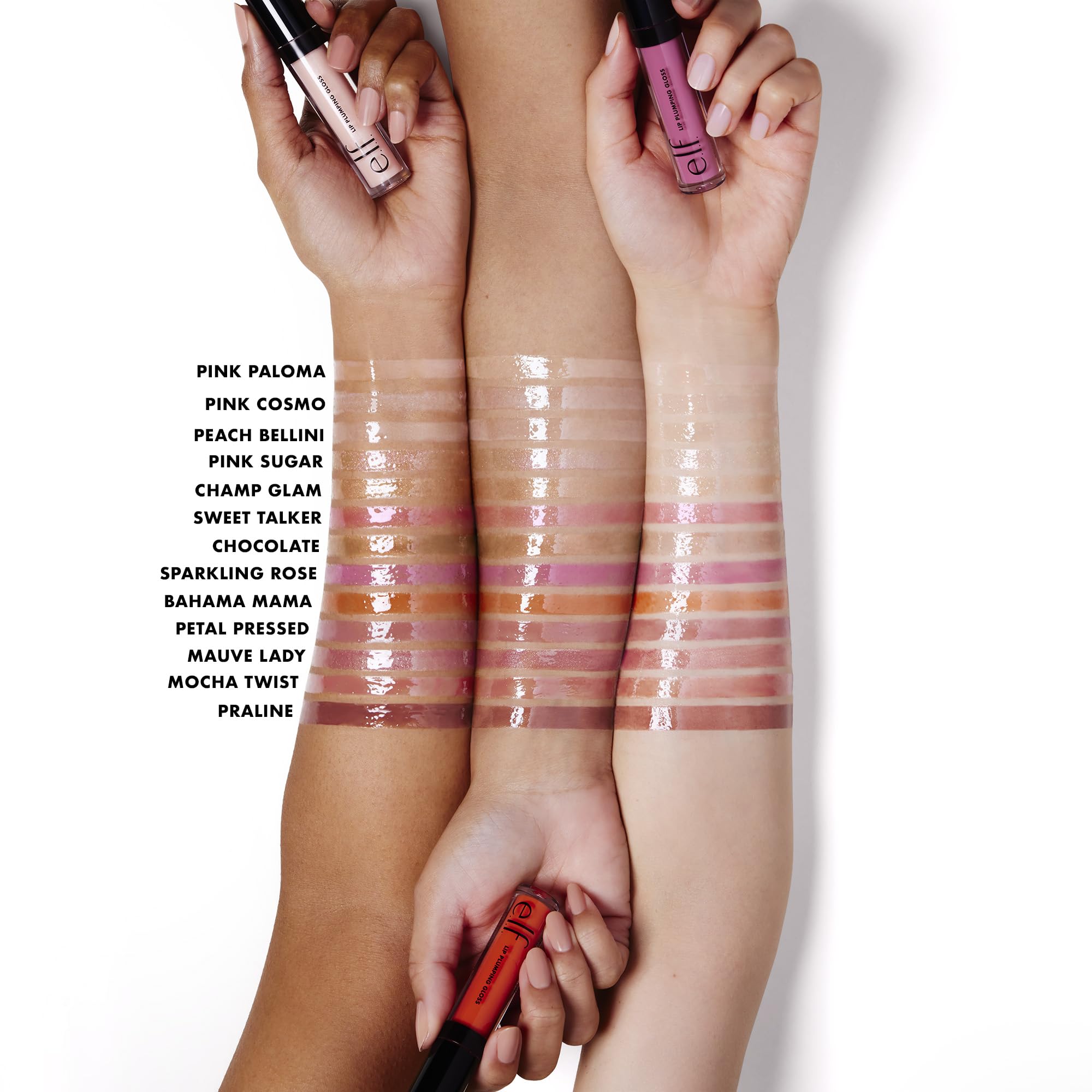 e.l.f. Lip Plumping Gloss Pink Paloma lip swatch shows plump, glossy finish.