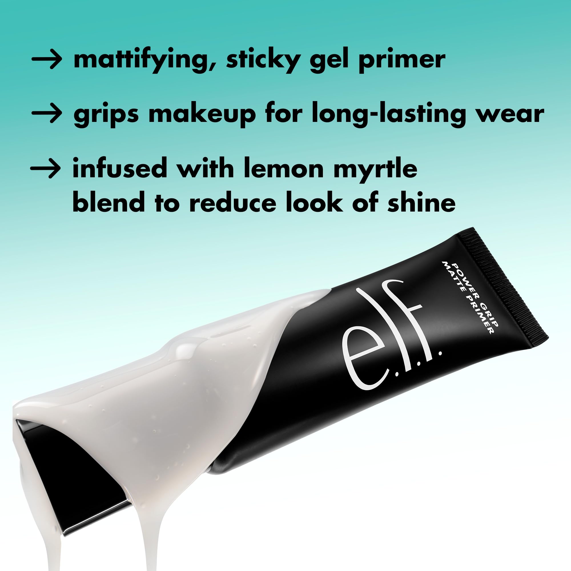 e.l.f. Power Grip Matte Primer bottle tilt highlights clear formula for all skin types